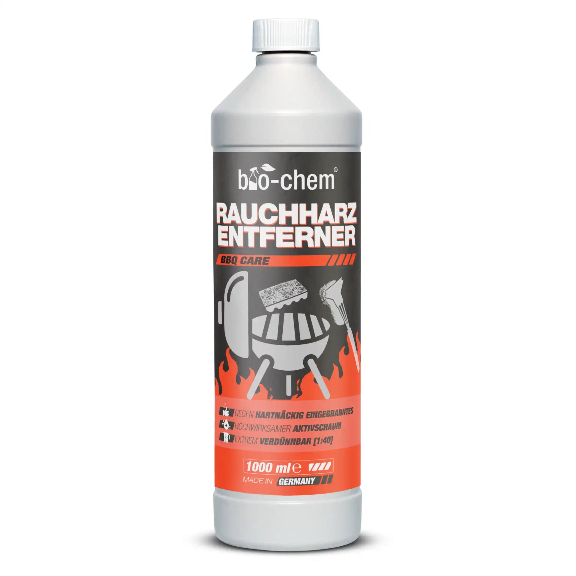 Flasche bio-chem Rauchharzentferner 1000 ml vor sauberem und verschmutztem Grillrost