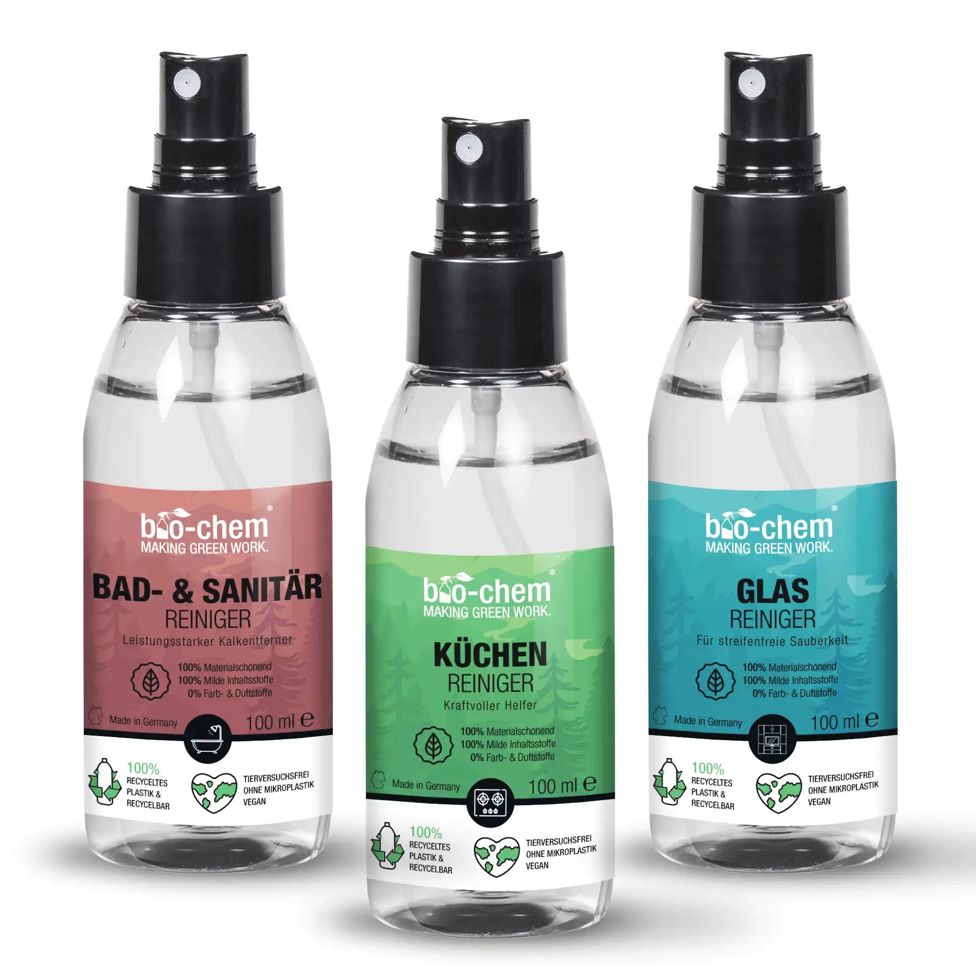 bio-chem Bad- & Sanitärreiniger, Küchenreiniger und Glasreiniger, 100 ml, 100% Materialschonend, Vegan