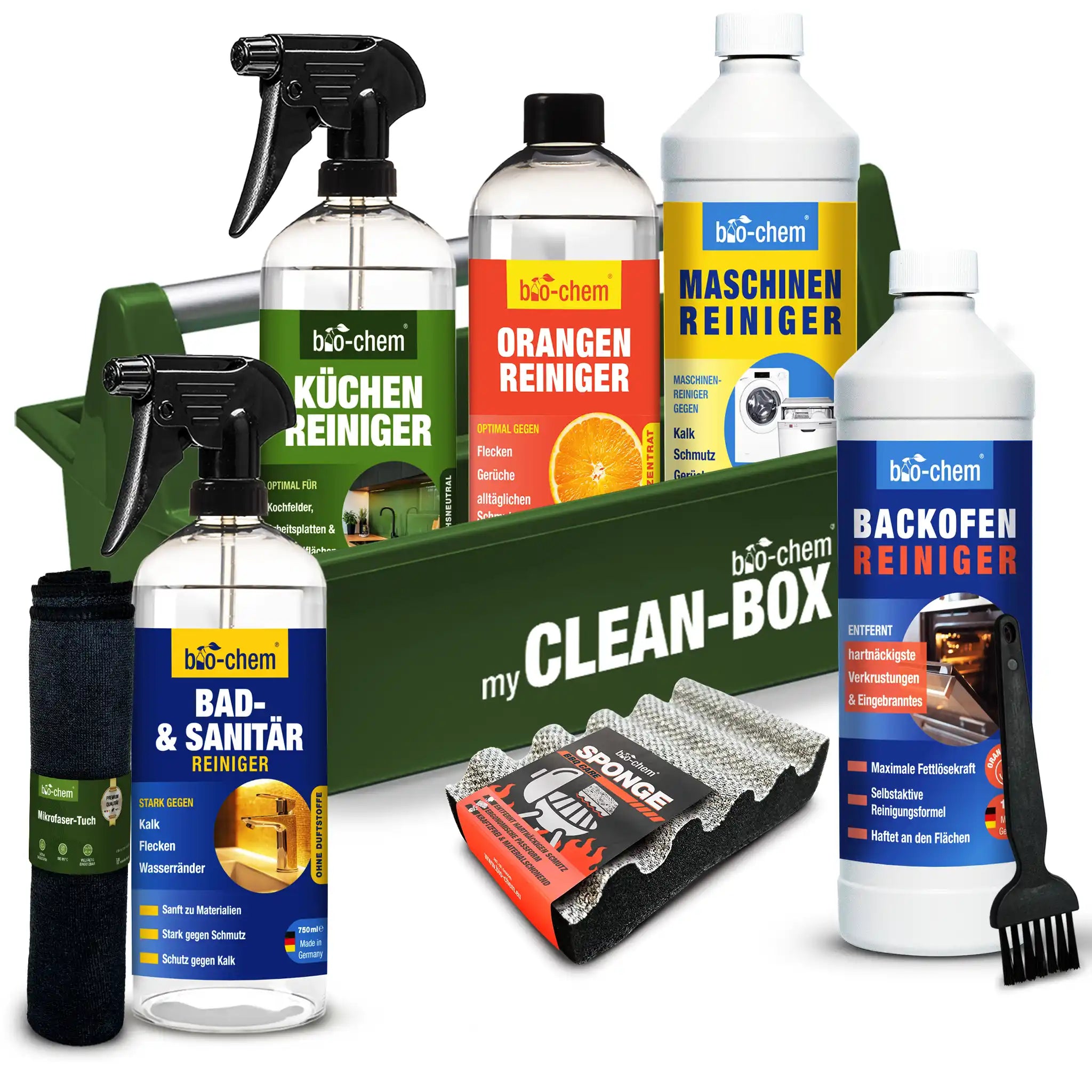 bio-chem Clean-Box – Komplettset mit Küchenreiniger, Orangenreiniger, Maschinenreiniger, Backofenreiniger, Bad- & Sanitärreiniger, Mikrofasertuch, Grillreinigungsschwamm und Aufbewahrungsbox