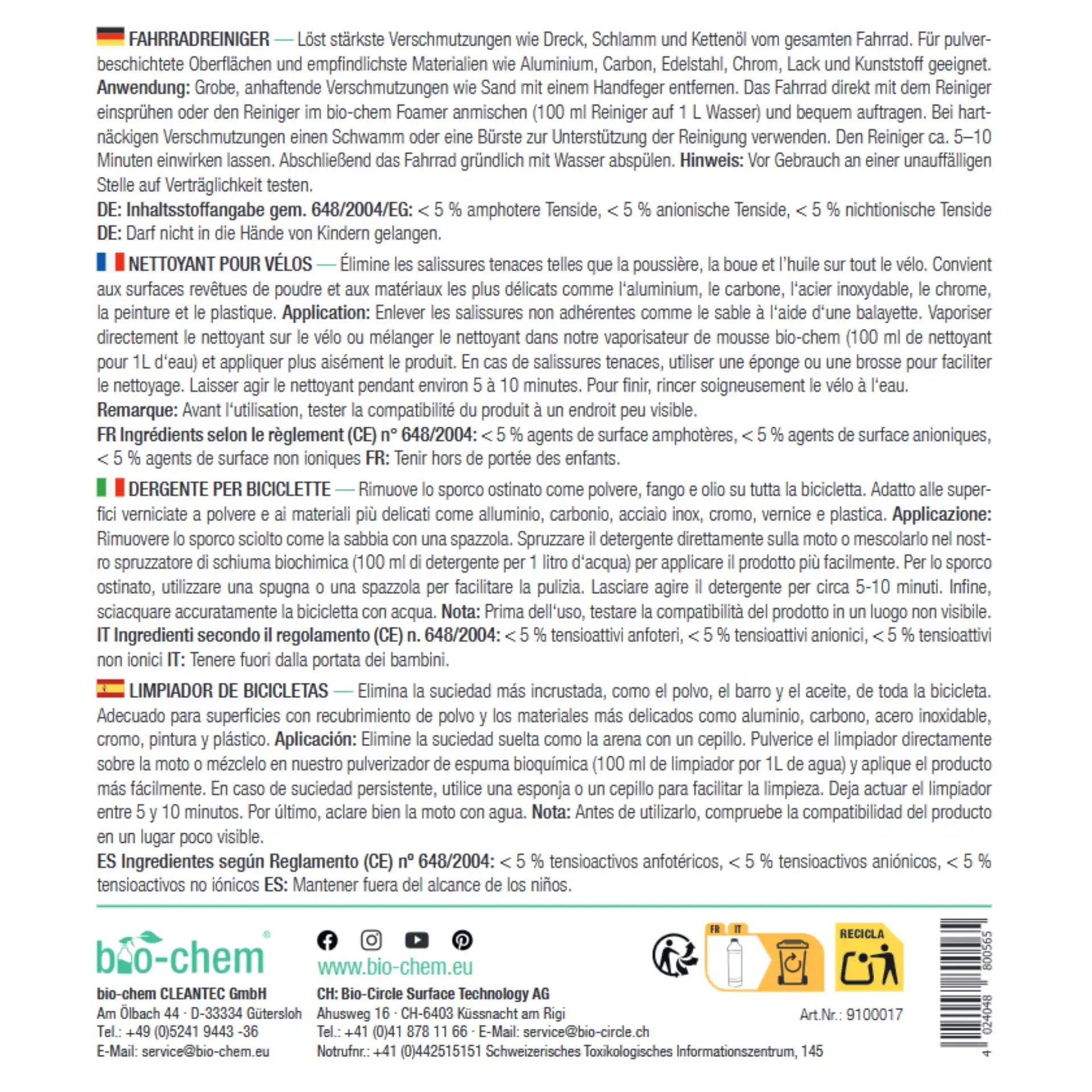 bio-chem Fahrradreiniger Hinweis