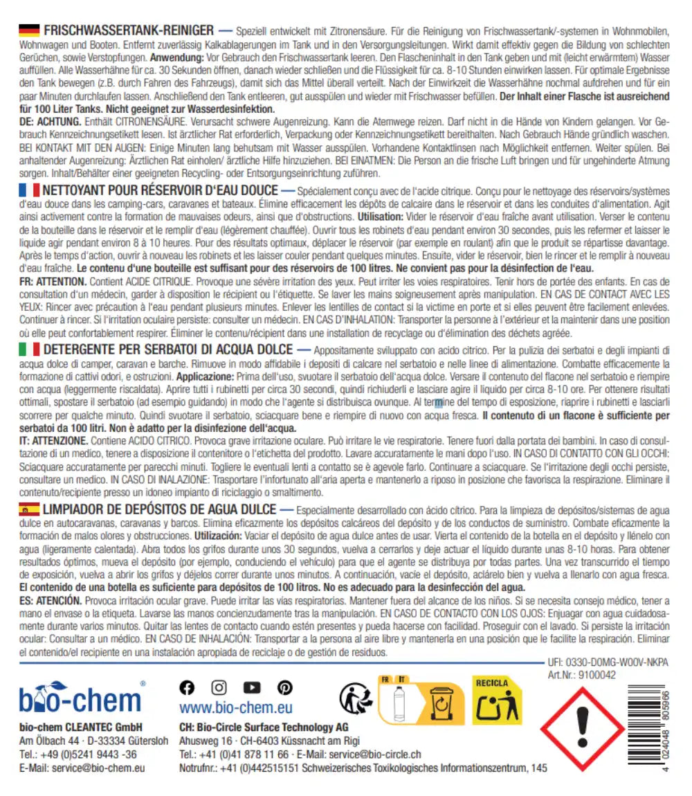 Produktdetails, Anwendungshinweise und Inhaltsstoffe des bio-chem Frischwassertank-Reinigers auf dem Rücketikett in vier Sprachen.