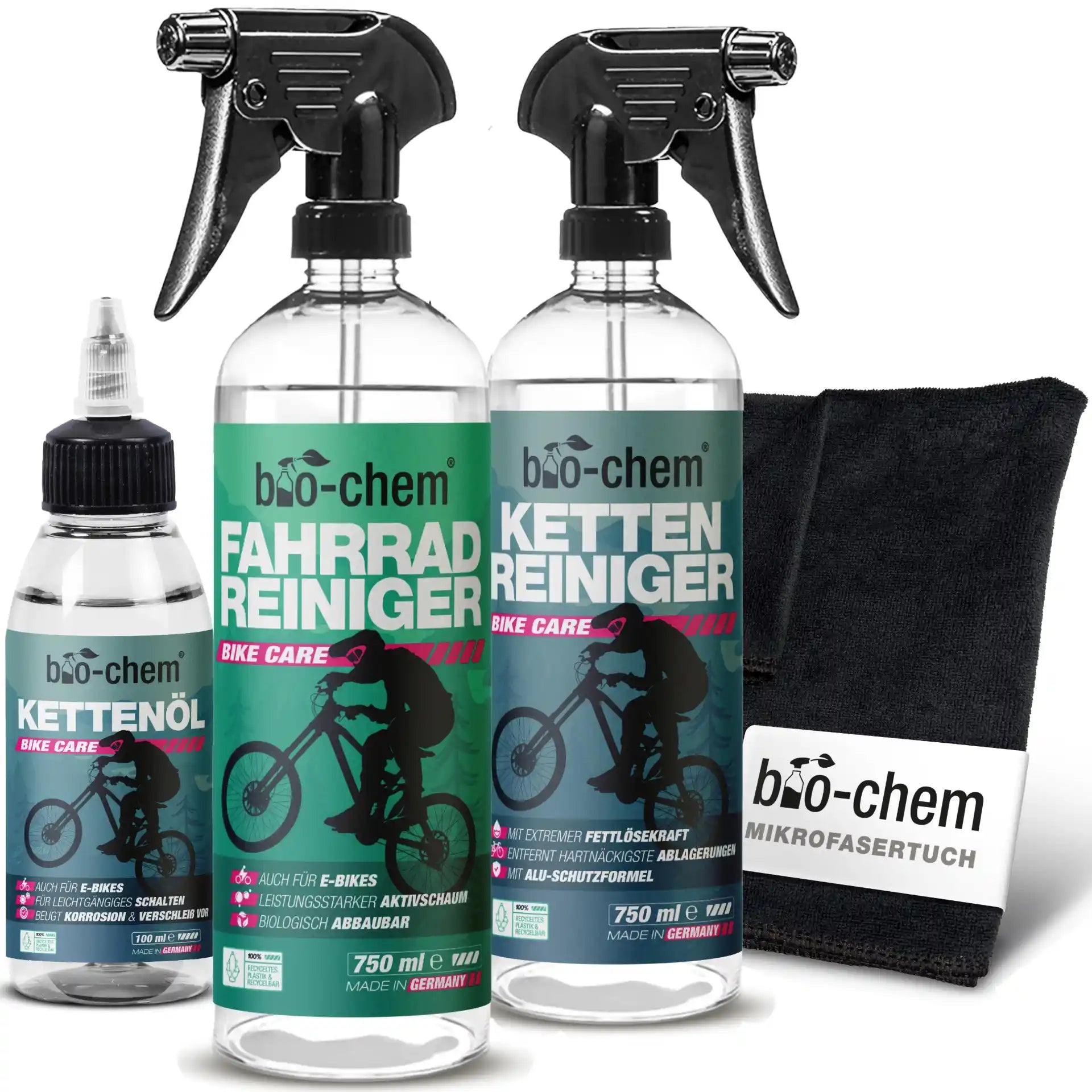 Gesamtes bio-chem BIKE CARE Sortiment für High-Performance Reinigung.
