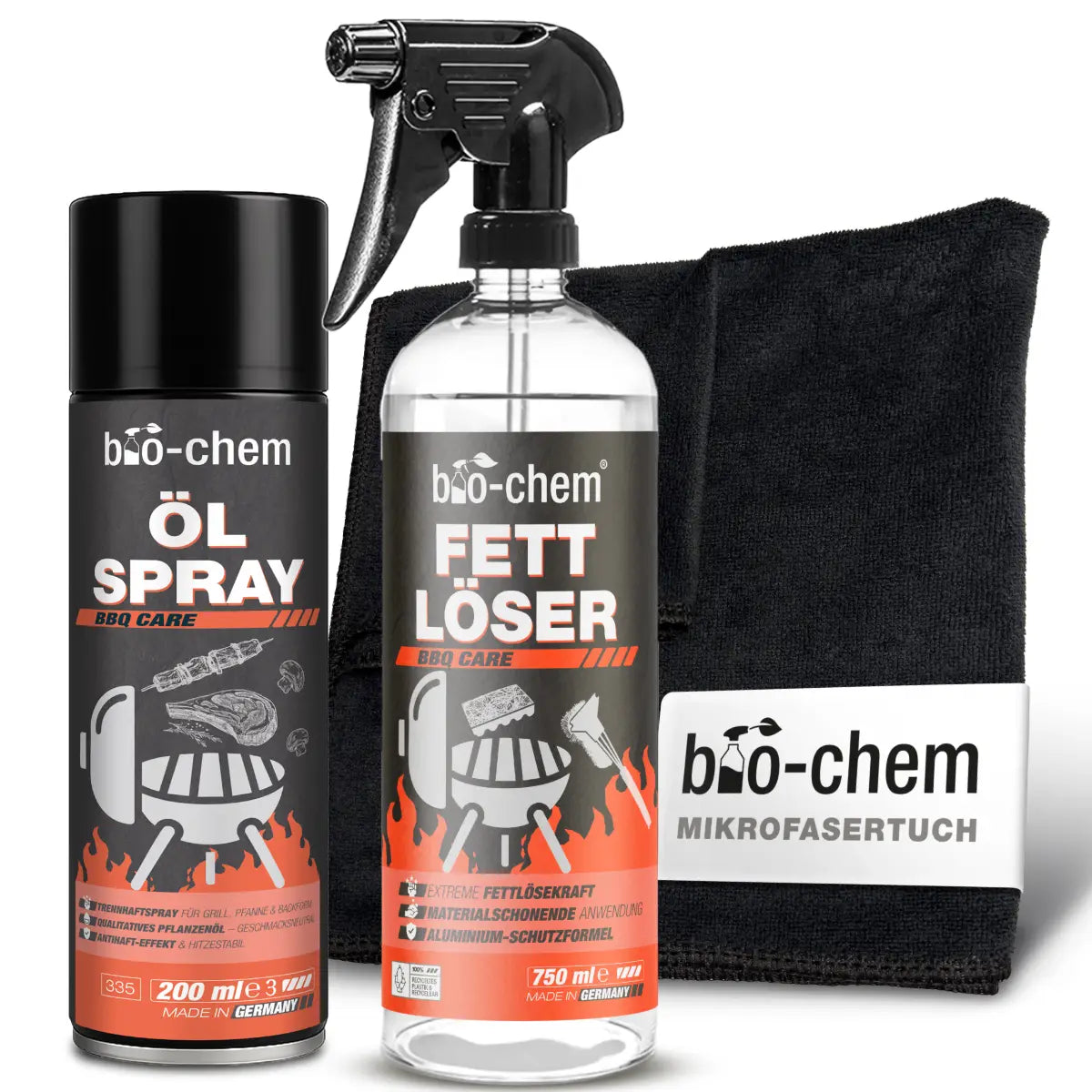 bio-chem BBQ Care Airfryer Basic-Set 3-teilig mit Ölspray, Fettlöser und Mikrofasertertuch zur einfachen Grill- und Heißluftfritteusen-Reinigung