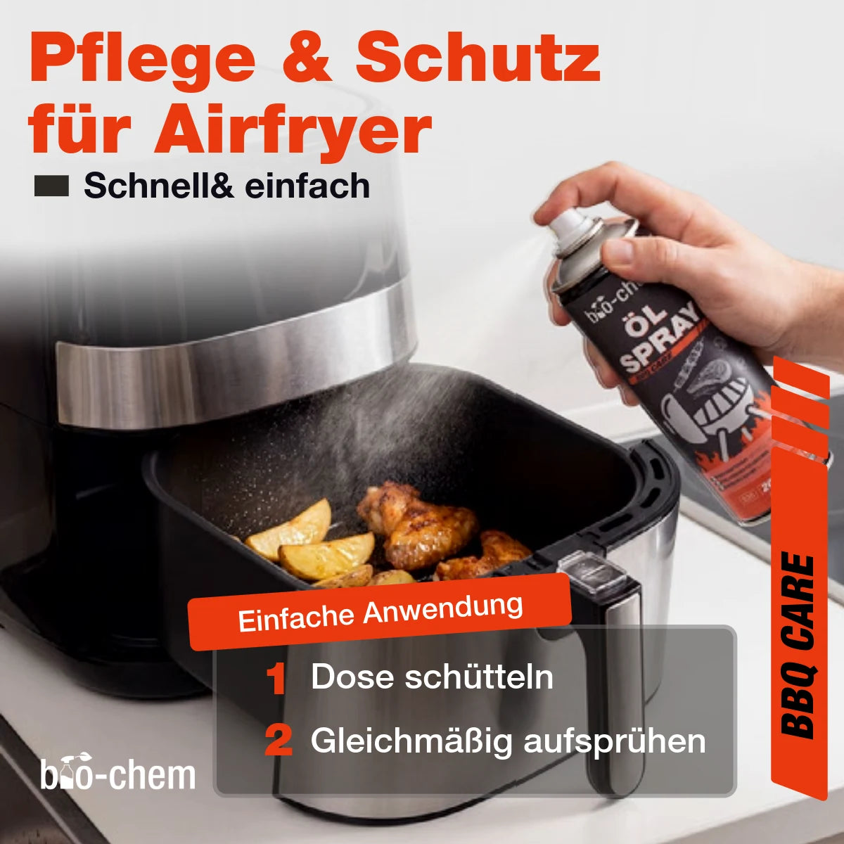 Anwendung des bio-chem Ölsprays in der Heißluftfritteuse für knusprige Gerichte mit weniger Fett