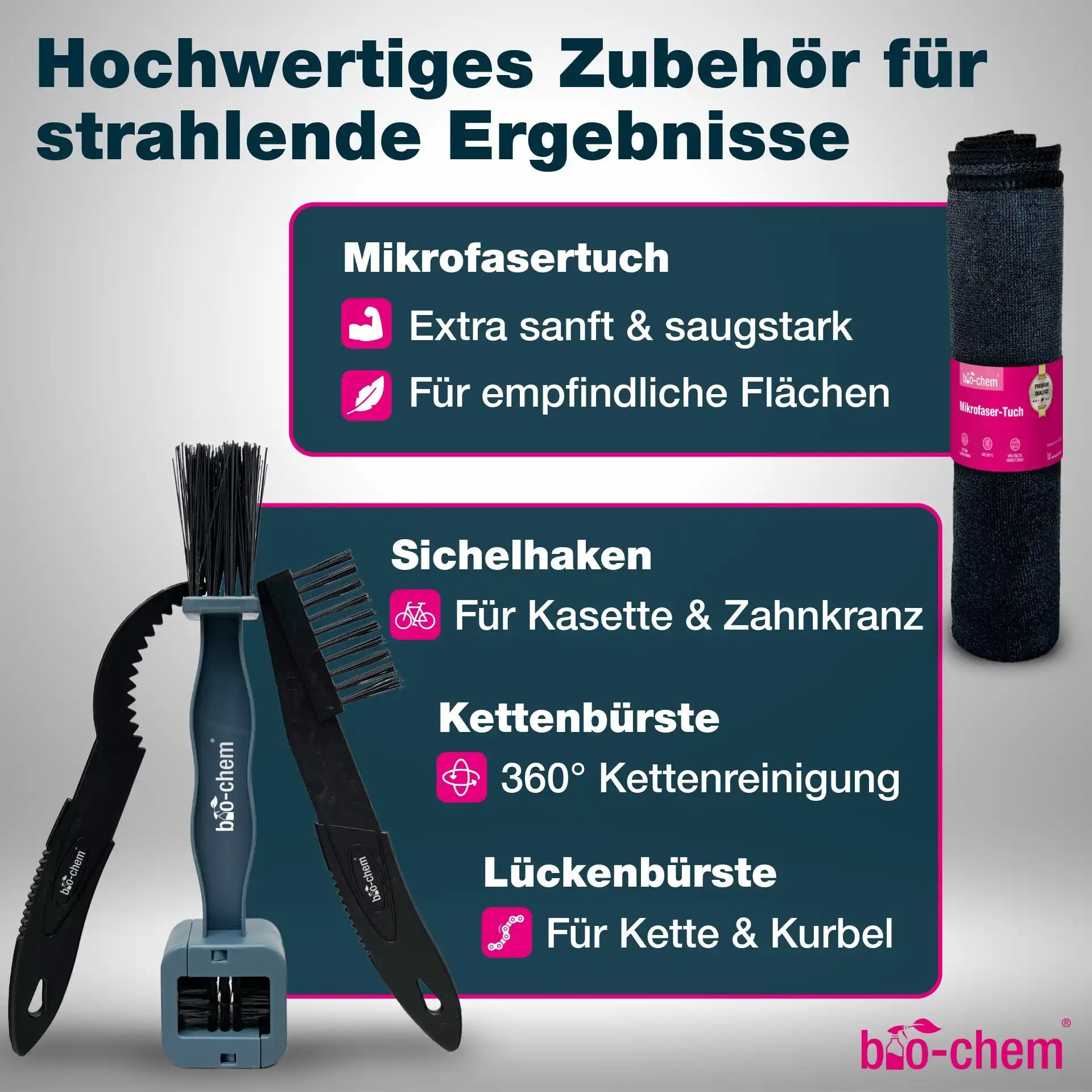 Fahrrad-Zubehör für strahlende Ergebnisse: Mikrofasertuch, Sichelhaken, Kettenbürste und Lückenbürste von bio-chem.