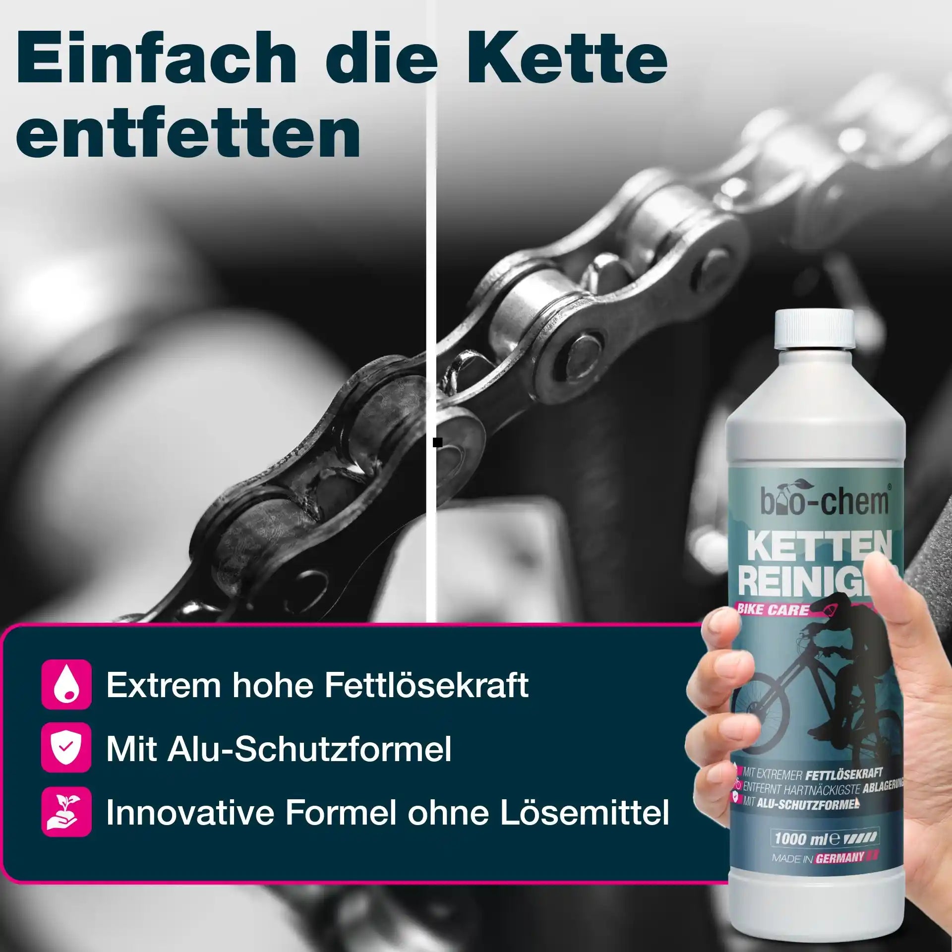 Fahrradkette entfetten: Vorher-Nachher mit bio-chem Reiniger.
