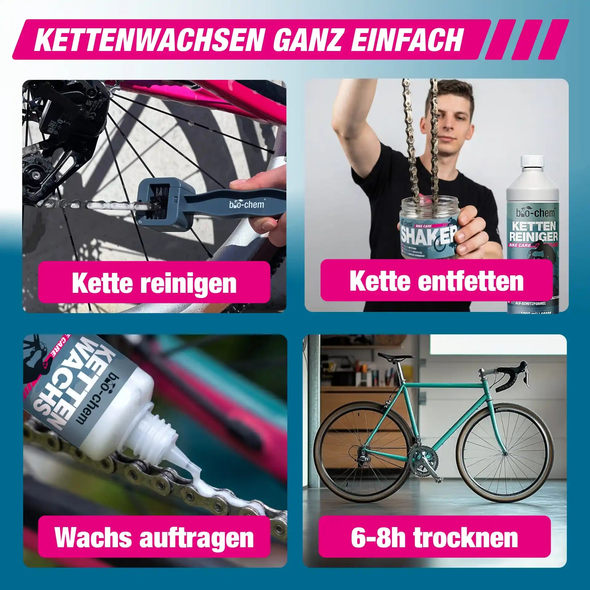Kette wachsen in 4 Schritten: Reinigen, wachsen, trocknen.