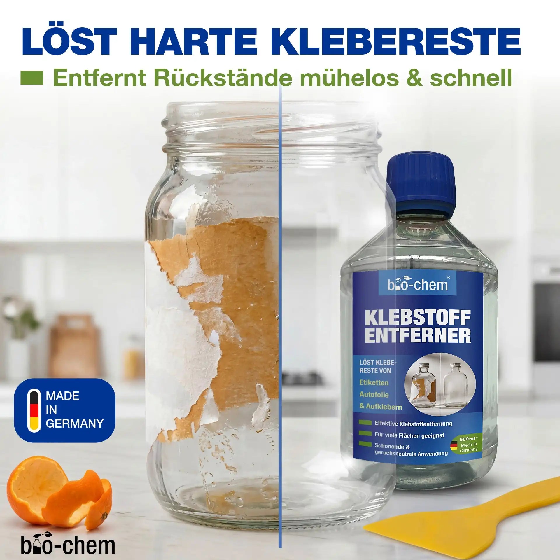 bio-chem Klebstoffentferner löst mühelos harte Klebereste von Glasflaschen und Einmachgläsern – Made in Germany.