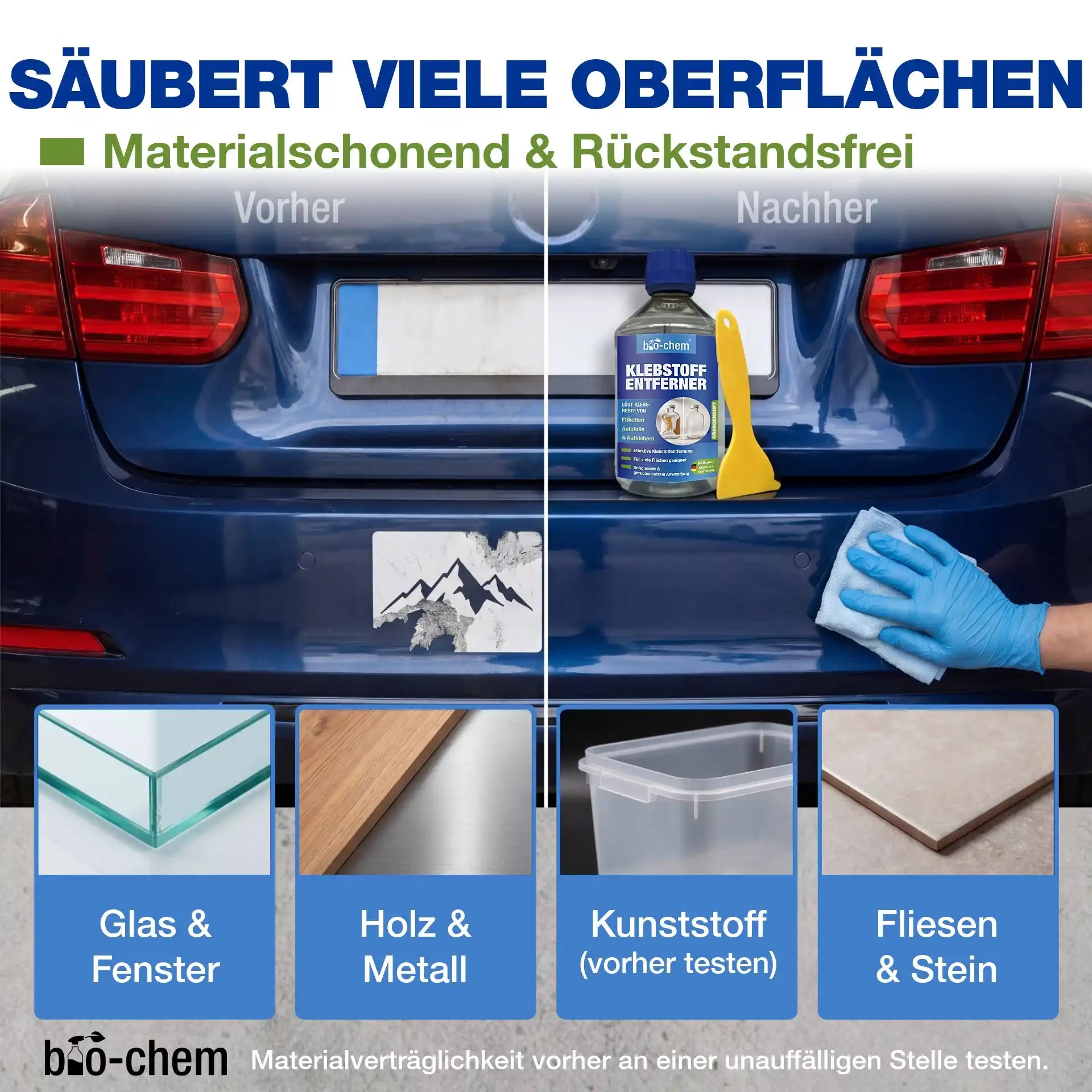 Vielseitiger Klebstoffentferner für Oberflächen wie Glas, Holz, Metall, Kunststoff, Fliesen und Stein sowie Autolack.