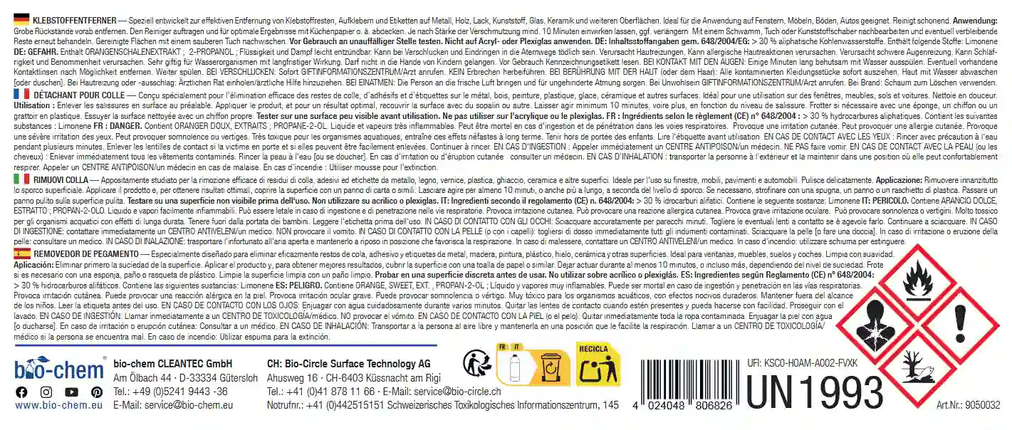 Rückseite der Verpackung mit technischen Details, Anwendungshinweisen und Inhaltsstoffen des Klebstoffentferners in vier Sprachen.