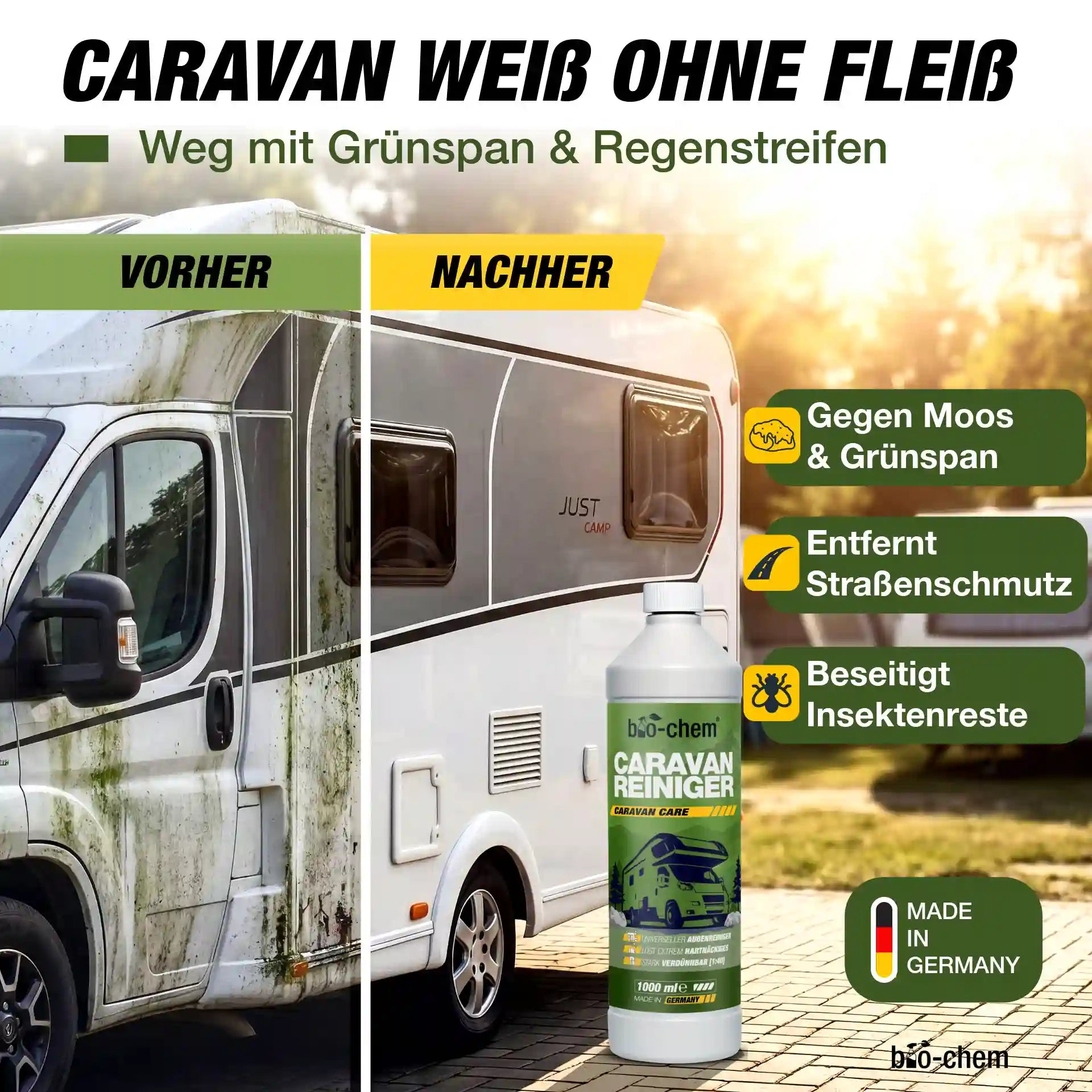 Vorher-Nachher Vergleich der Wohnmobilreinigung: bio-chem Caravanreiniger entfernt effektiv Grünspan, Moos, Regenstreifen und Insektenreste von weißem Lack.