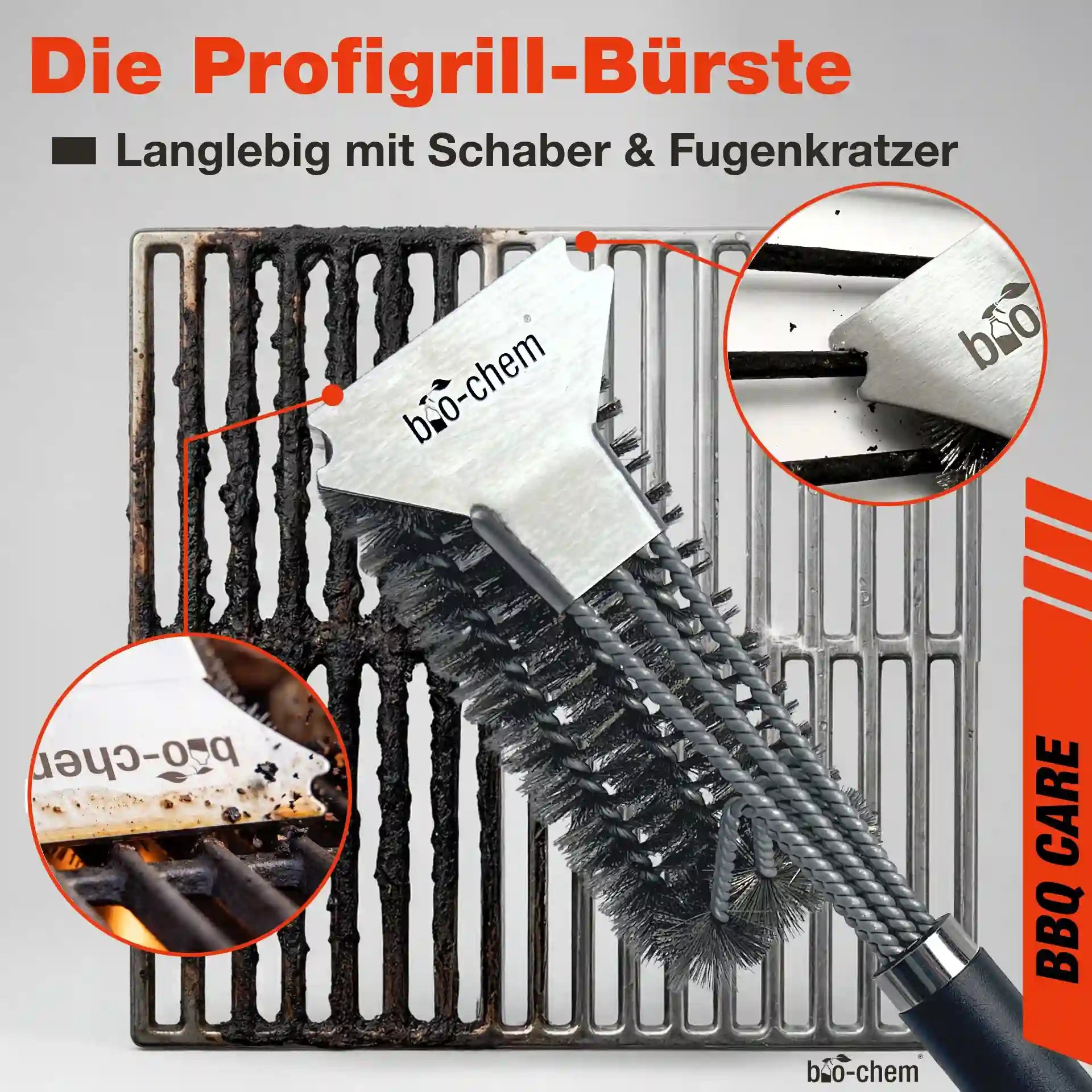 Grillreinigung mit der bio-chem Grillbürste: Anwendung des Schabers und Fugenkratzers zur Entfernung von Verkrustungen am Grillrost.