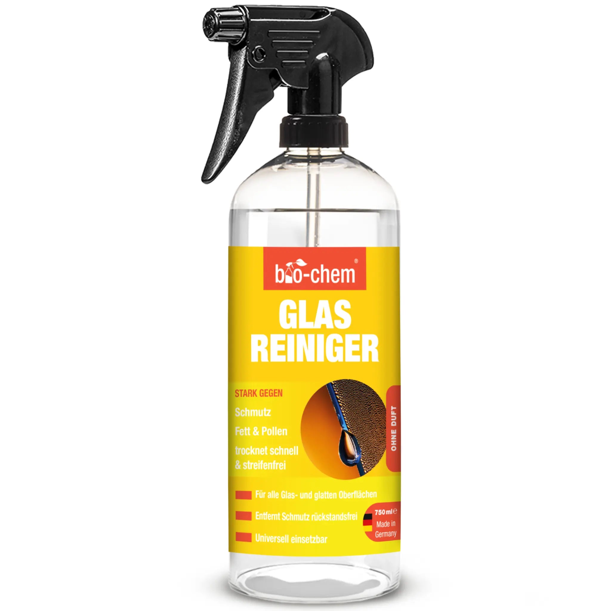 Glasreiniger in 750 ml Sprühflasche von bio‑chem – entfernt Schmutz, Fett und Pollen rückstandsfrei