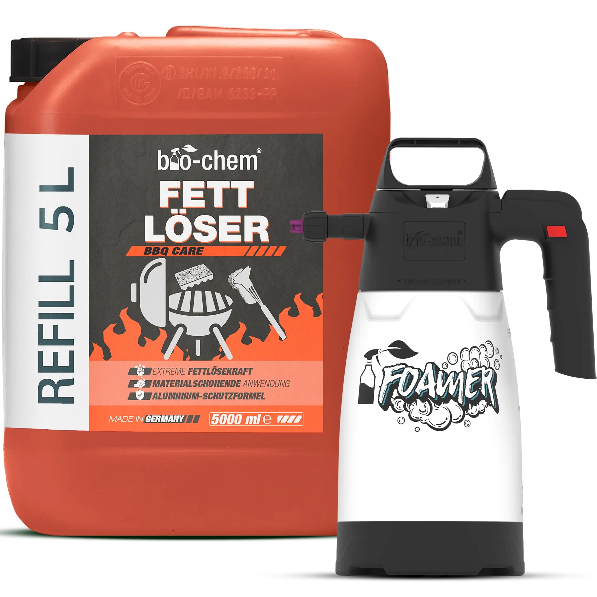 bio-chem BBQ Care Spar-Set: 5 Liter Fettlöser Nachfüllkanister und 1,25 Liter Schaumsprüher Foamer für die professionelle Grillreinigung.