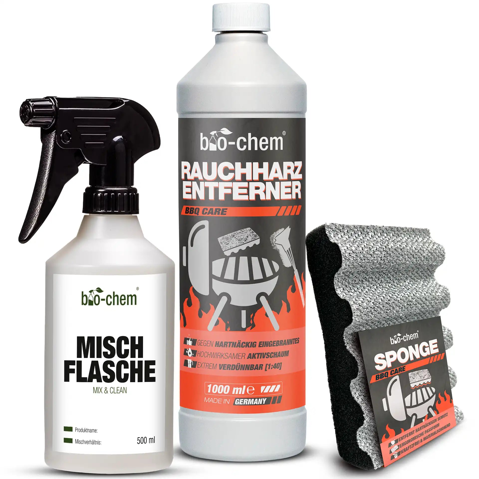 Sprayflasche Rauchharzentferner mit Flammen als Symbol für starke Reinigungskraft