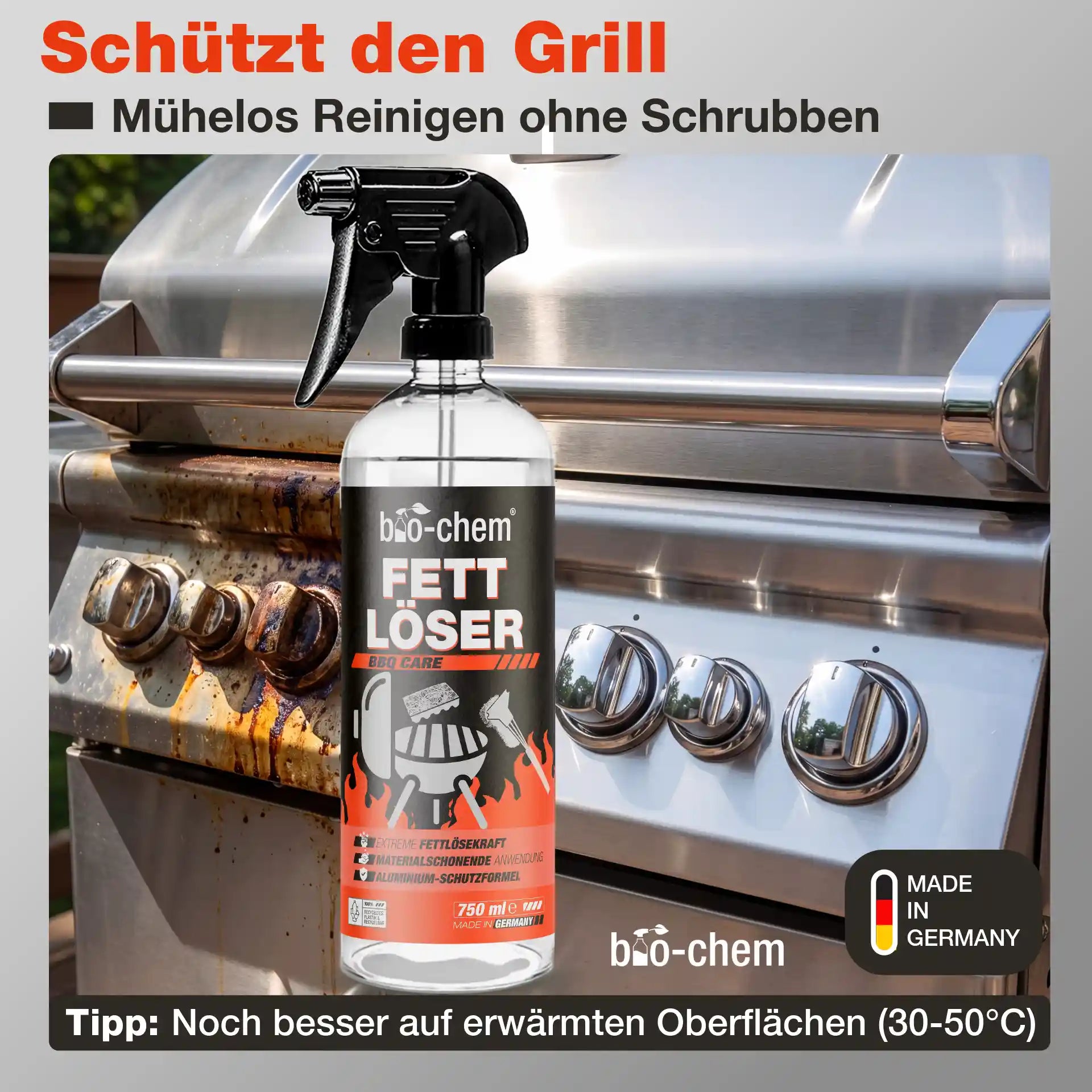 Grillreiniger Vorher-Nachher-Vergleich: bio-chem Fettlöser reinigt Edelstahl-Gasgrill mühelos ohne Schrubben.