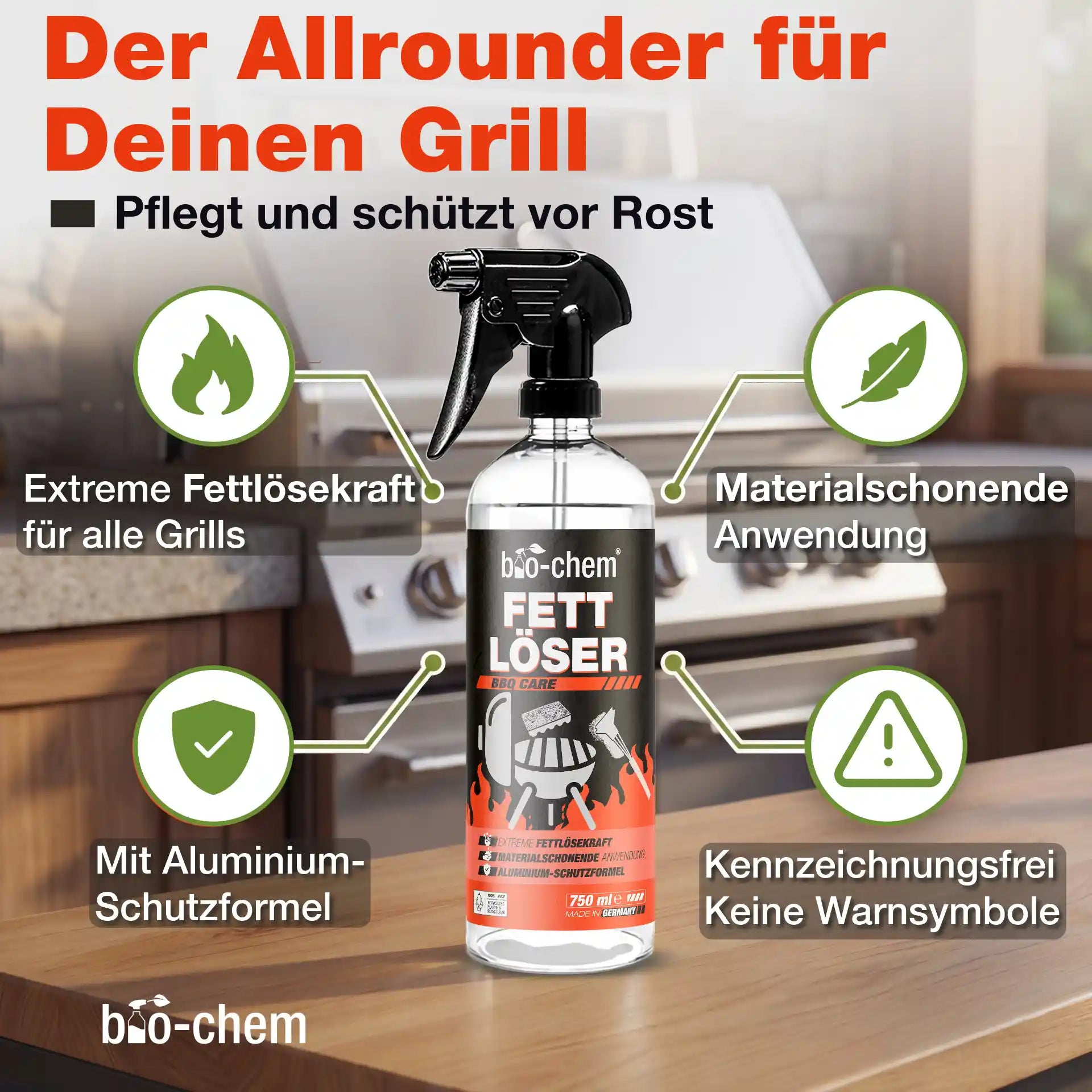 Produktvorteile des bio-chem Fettlösers: Extreme Fettlösekraft, Rostschutz, materialschonend und kennzeichnungsfrei ohne Warnsymbole.