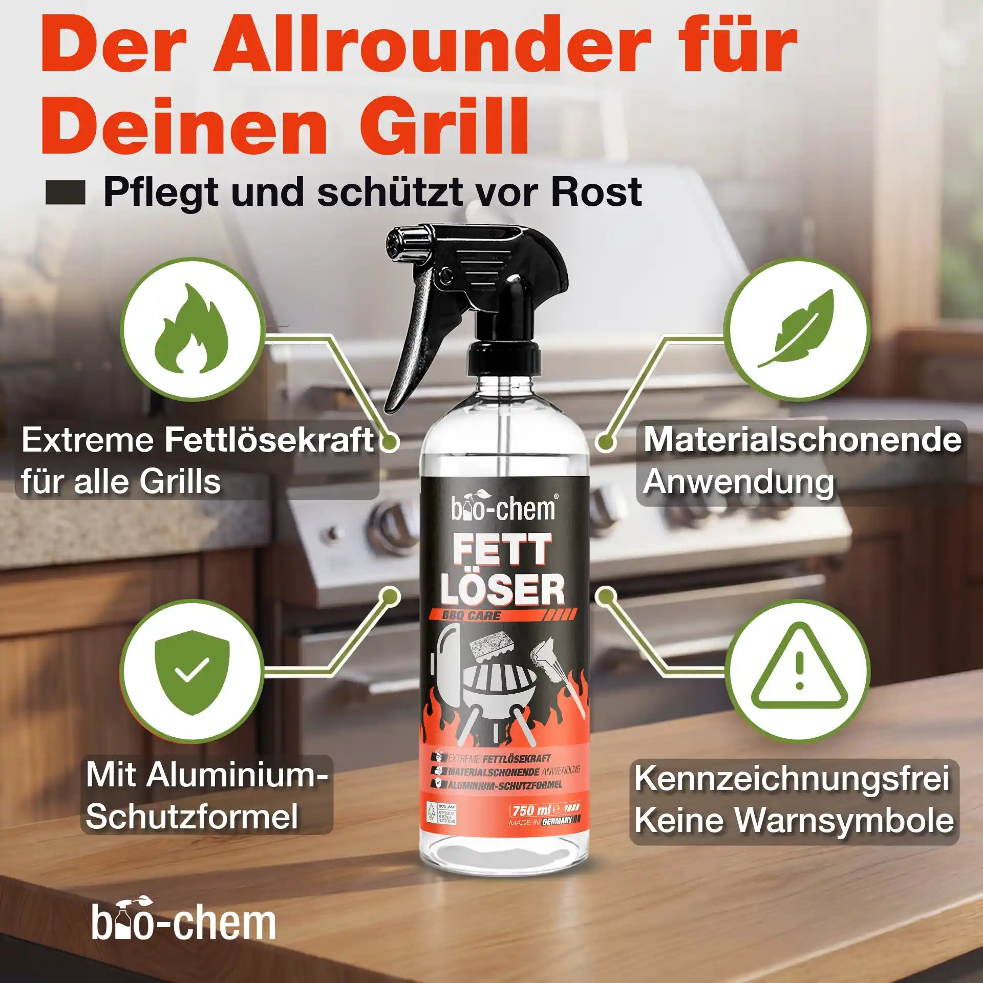 bio-chem BBQ Care Fettlöser Vorteile: Aluminium-Schutzformel, Rostschutz und materialschonende Anwendung.
