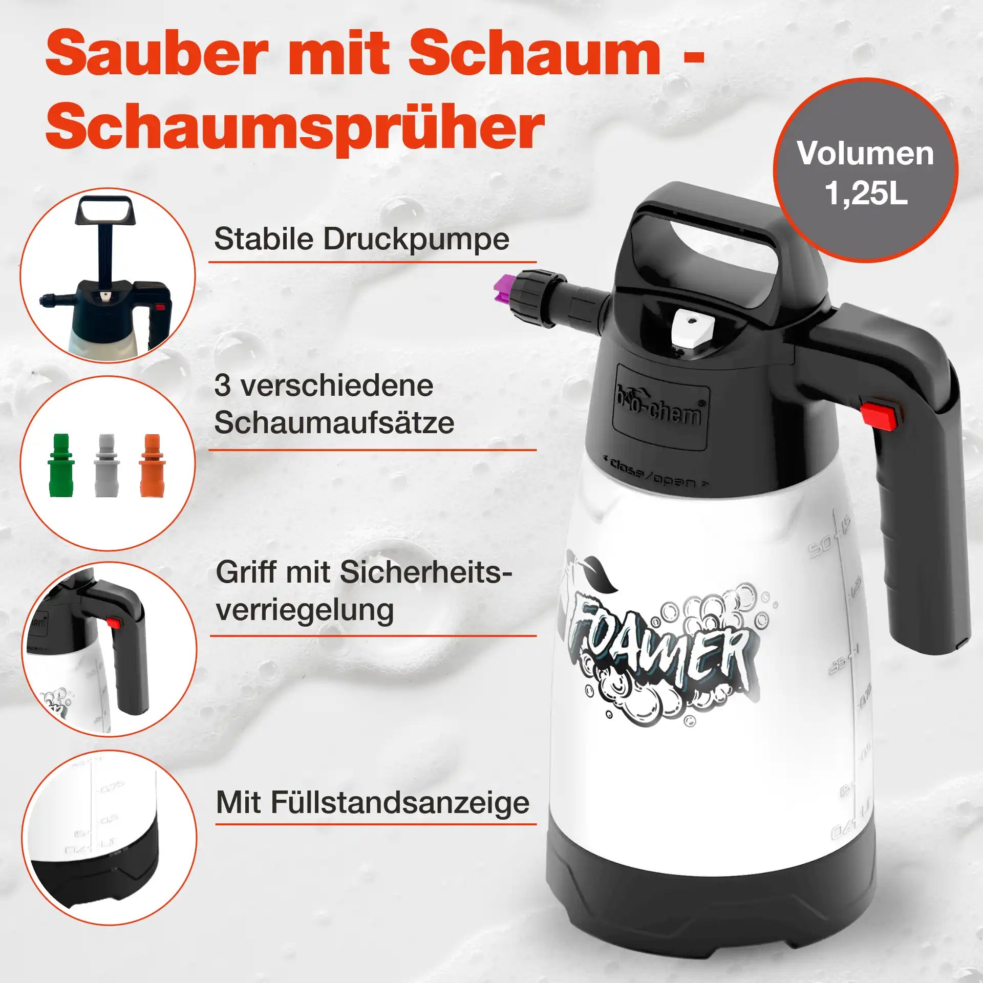 Produktdetails des bio-chem Schaumsprüher Foamer: 1,25L Volumen, stabile Druckpumpe, Füllstandsanzeige und verschiedene Schaumaufsätze.