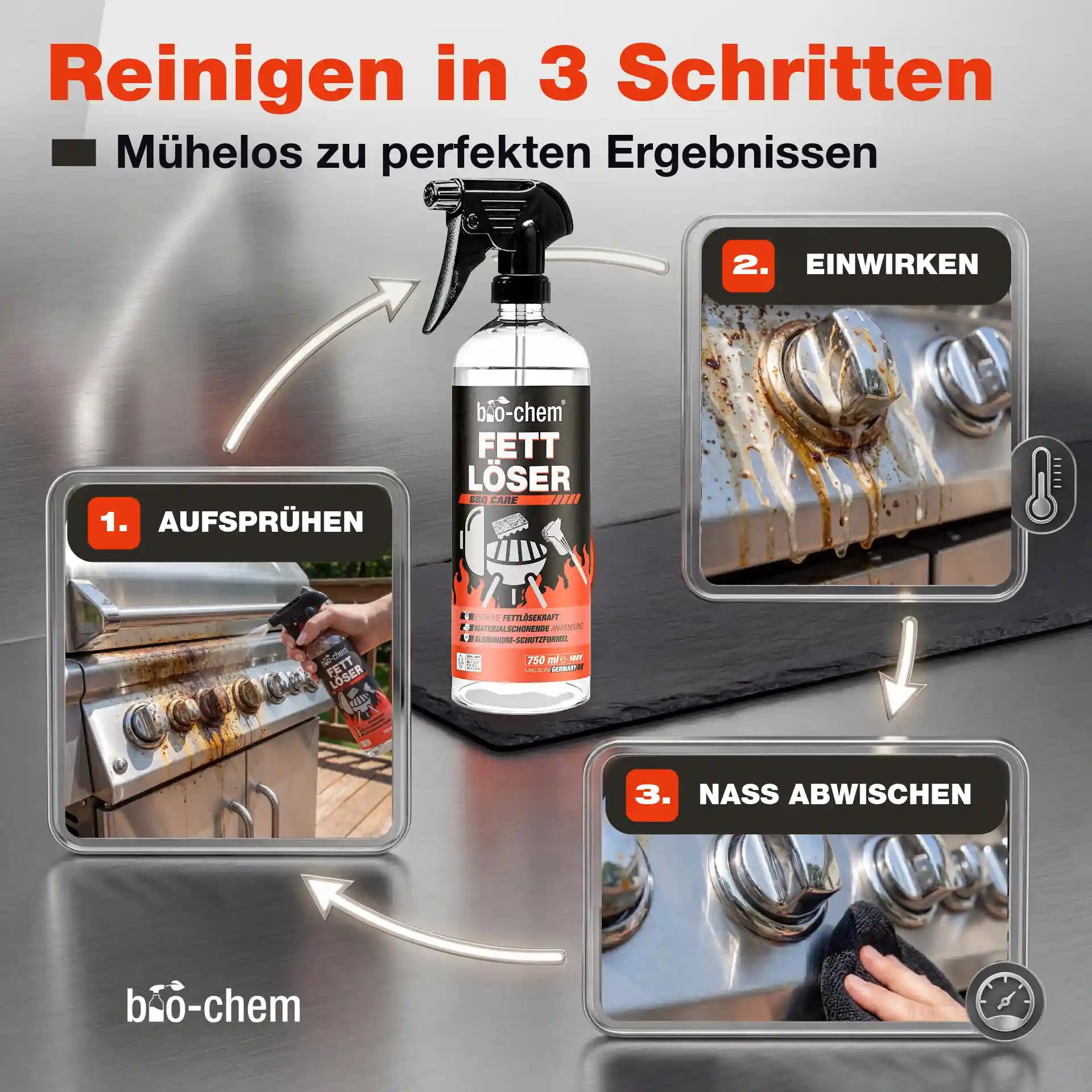 Anleitung zur Grillreinigung in 3 Schritten: Aufsprühen, einwirken lassen und abwischen mit bio-chem Fettlöser.