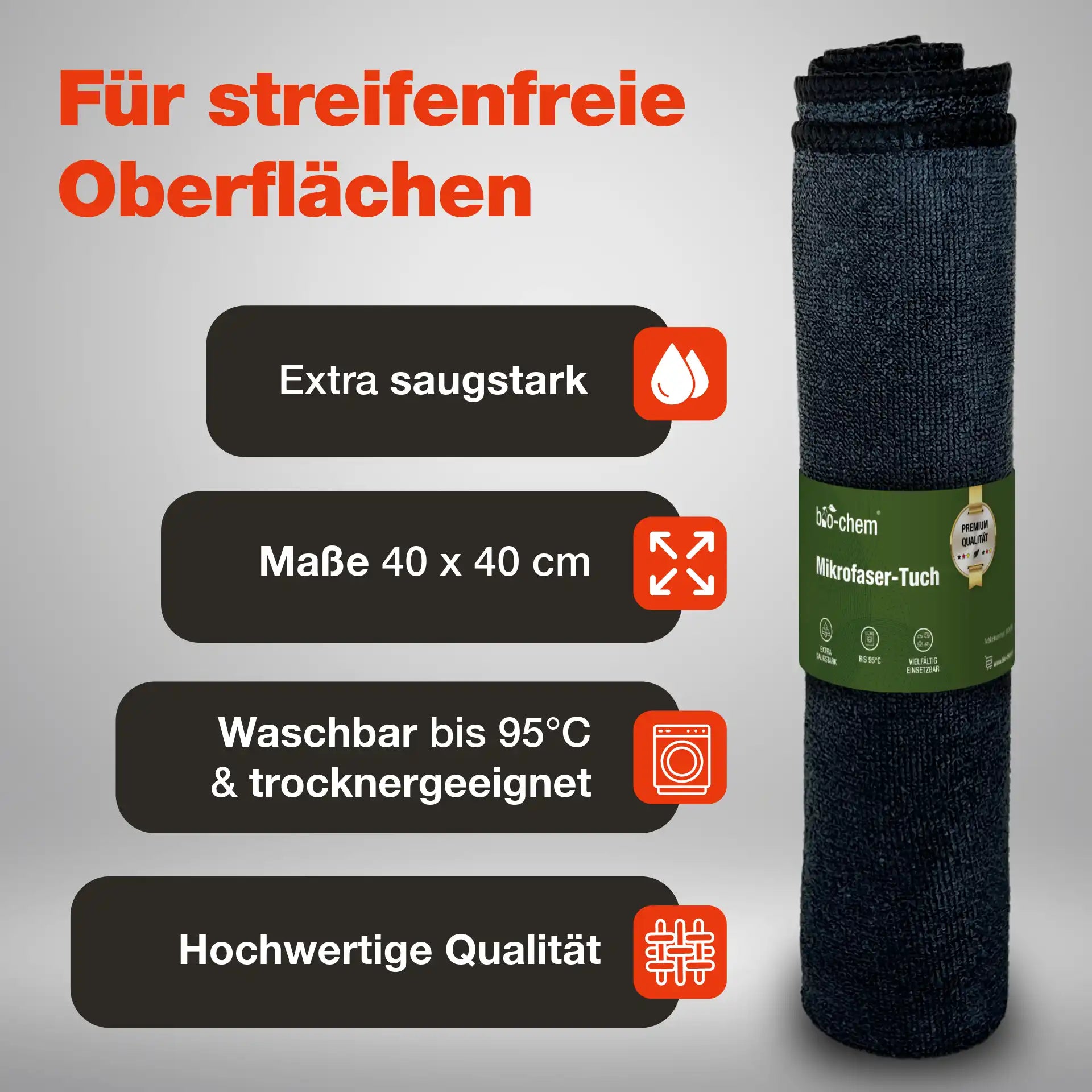 Saugstarkes bio-chem Mikrofasertuch 40x40cm für streifenfreie Reinigung, waschbar bis 95°C und trocknergeeignet.