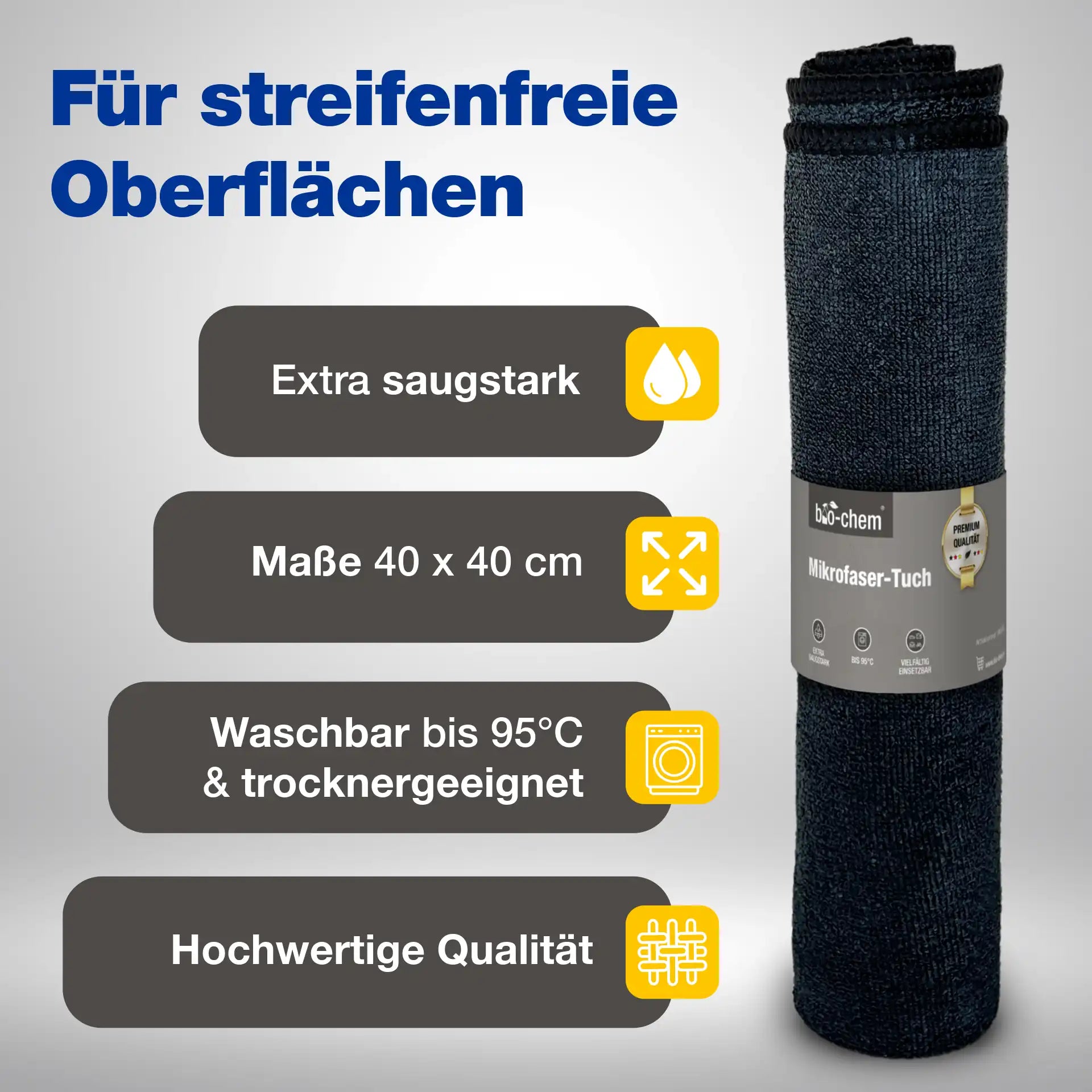 Hochwertiges Mikrofasertuch – 40x40 cm, bis 95 °C waschbar – Artikel 9000164