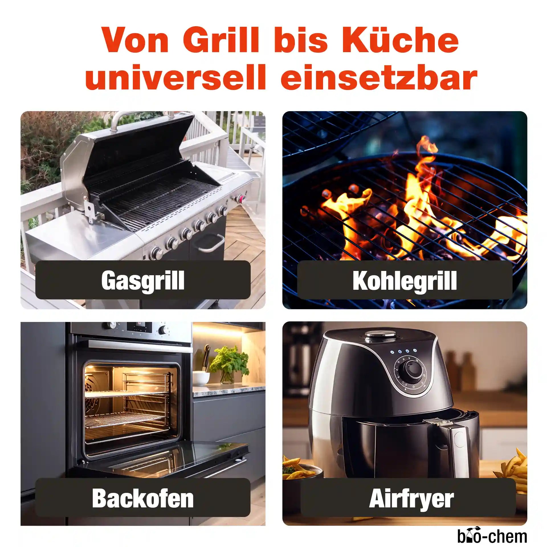 Universeller Fettlöser für Gasgrill, Kohlegrill, Backofen und Airfryer – bio-chem BBQ Care für die Küche.