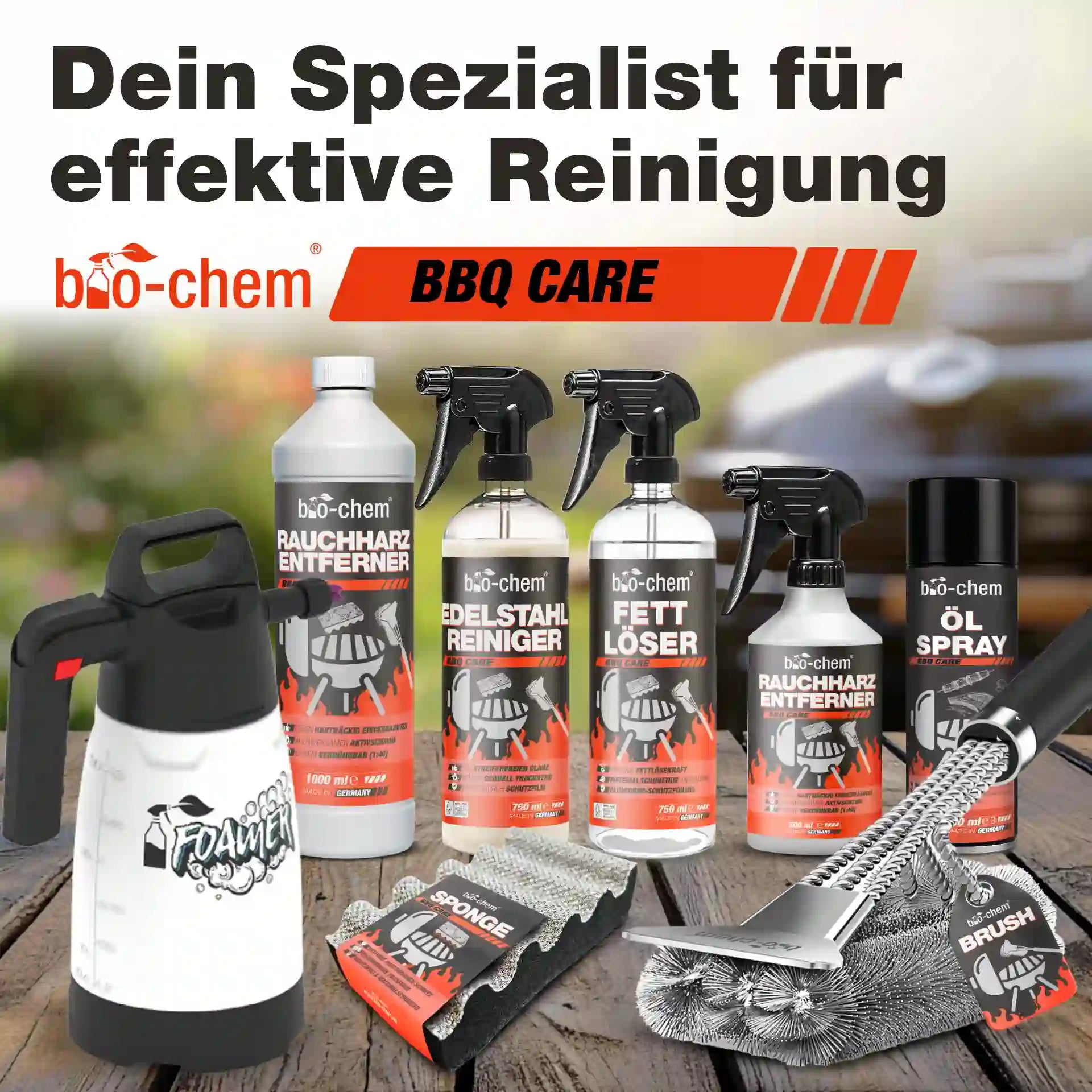 bio-chem BBQ Care Reinigungsset bestehend aus Fettlöser, Rauchharzentferner, Edelstahlreiniger, Grillbürste und Foamer.