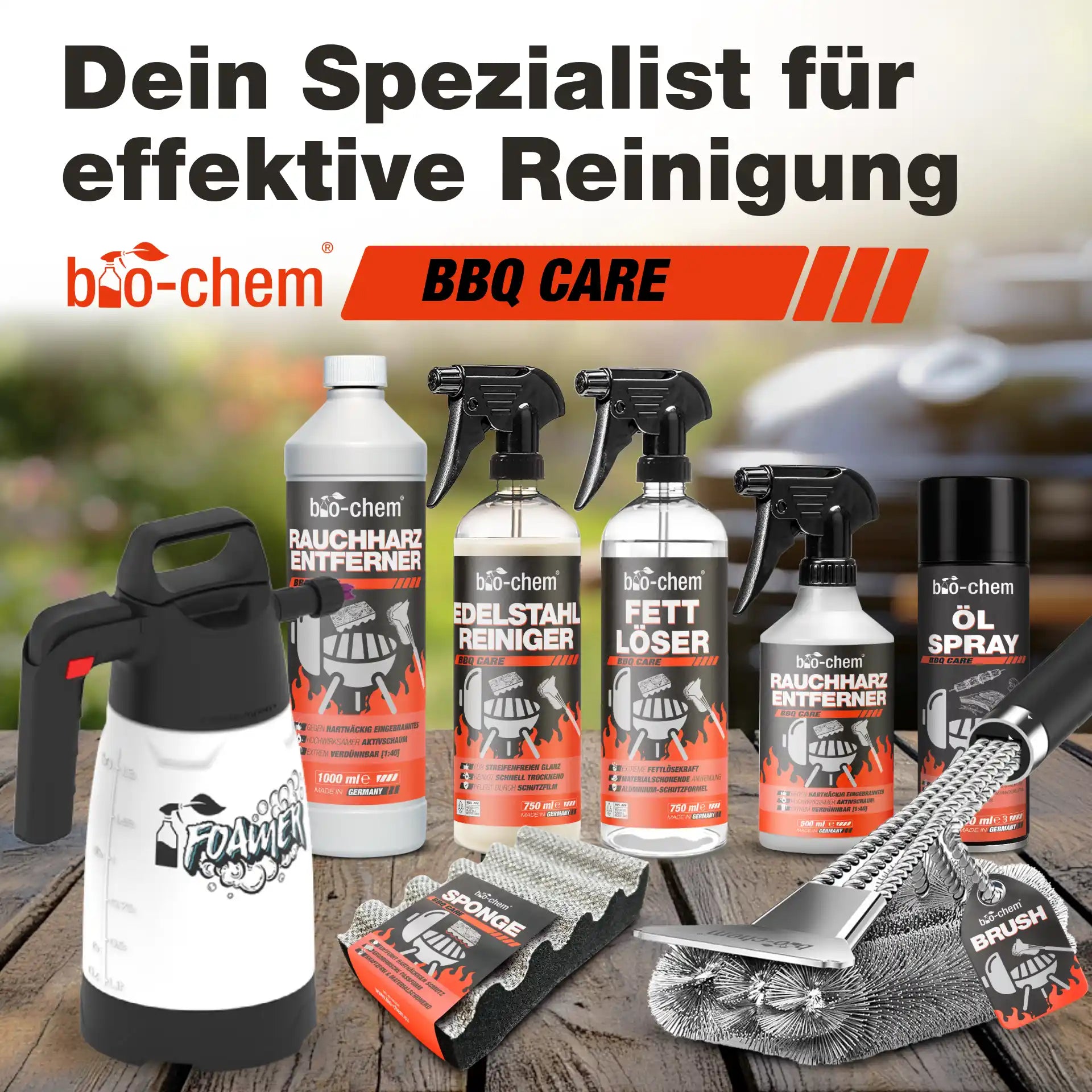 BBQ Reinigungsset mit Rauchharzentferner Fettlöser Edelstahlreiniger Bürste und Schaumsprüher