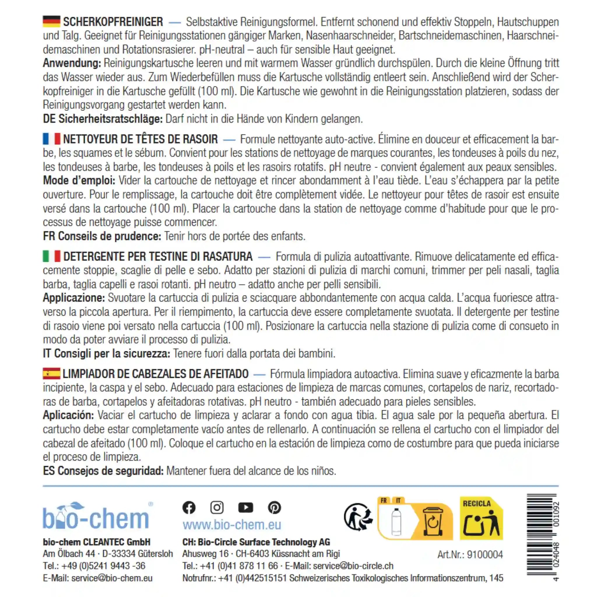 Produktlabel des Scherkopfreinigers mit Anwendung &amp; Sicherheitshinweisen in mehreren Sprachen – Artikel 9100004