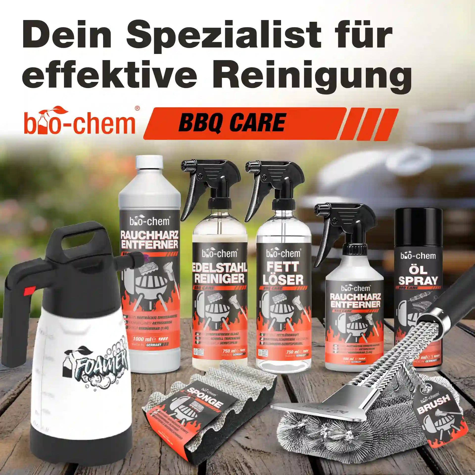 bio-chem BBQ Care Produktsortiment: Fettlöser, Edelstahlreiniger, Rauchharzentferner, Grillbürste und Reinigungsschwamm im Überblick.