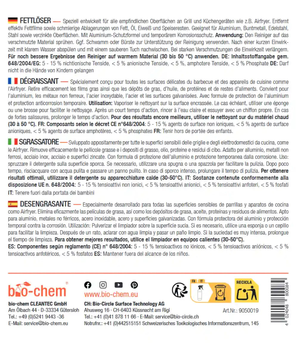 Produktdetails und Anwendungshinweise des bio-chem Fettlösers auf Deutsch, Französisch, Italienisch und Spanisch.