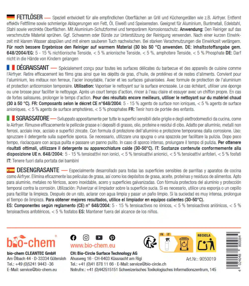 Rücketikett des bio-chem Fettlösers mit detaillierten Anwendungshinweisen, Inhaltsstoffen und Herstellerangaben in Deutsch, Französisch, Italienisch und Spanisch.