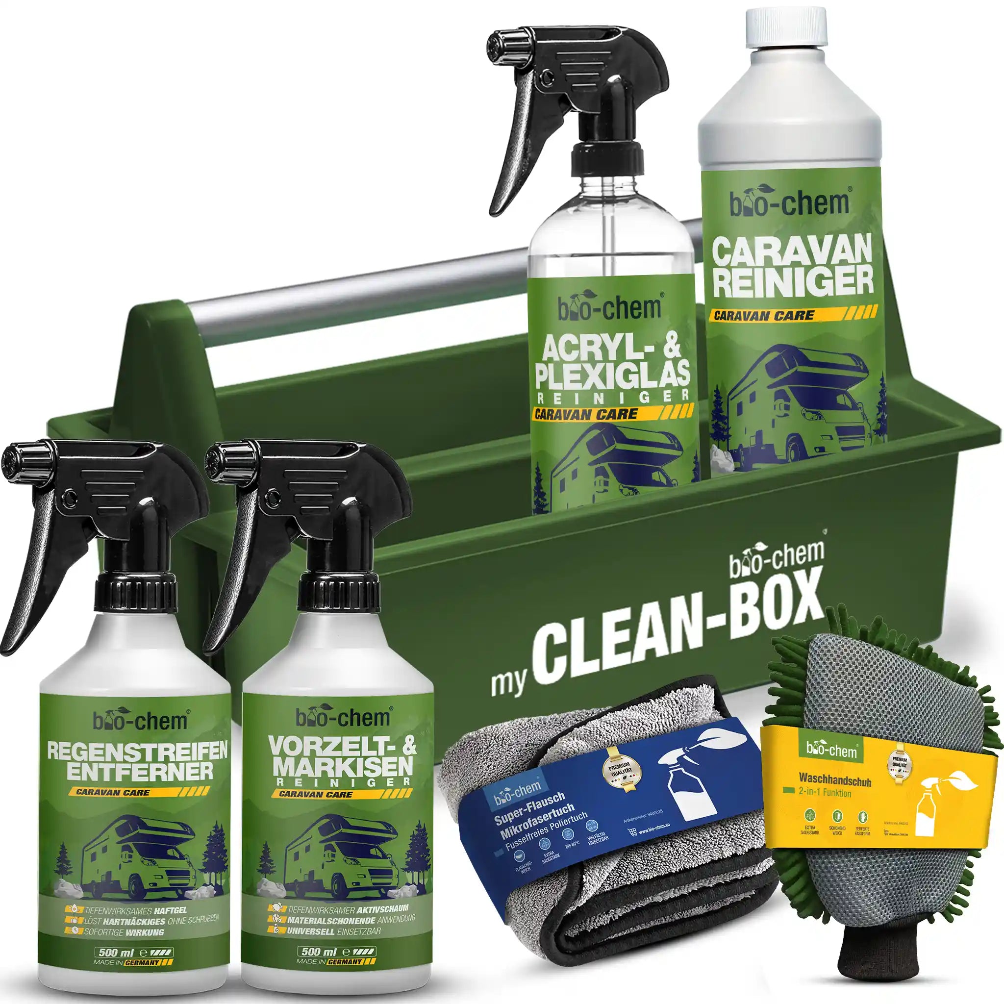 bio-chem Caravan Außenpflege Premium-Set mit Reinigern, Mikrofaserzubehör und praktischer Clean-Box