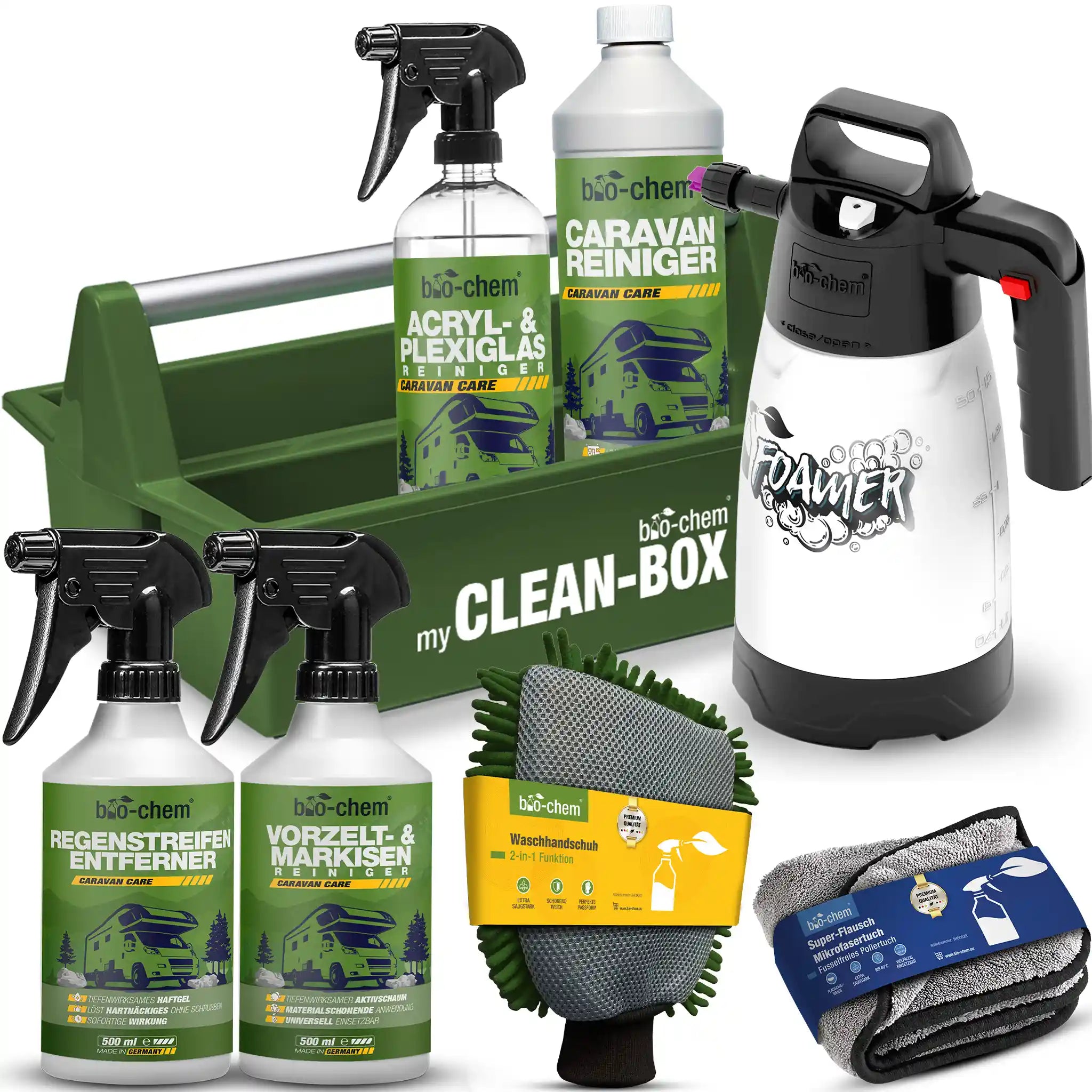 bio-chem Caravan Außenpflege Premium-Set mit Reinigern, Mikrofaserzubehör und praktischer Clean-Box