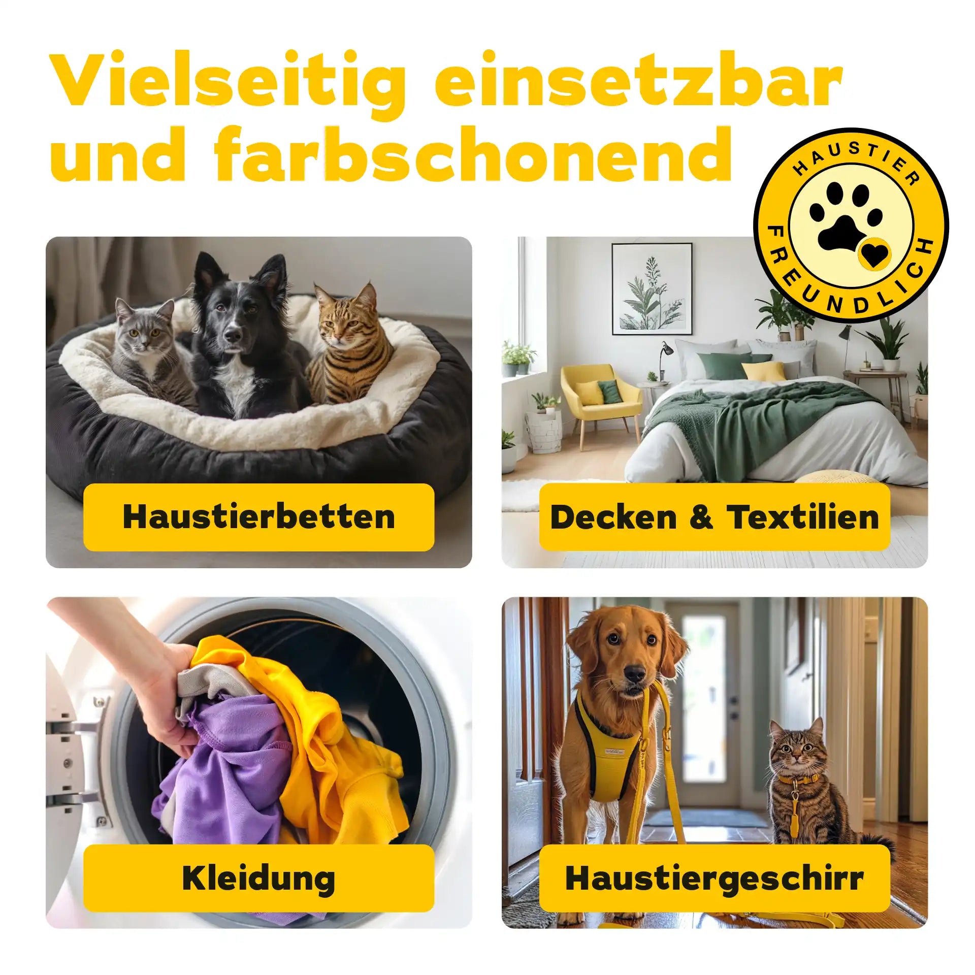 Vier Bildfelder mit Haustierbetten, Decken &amp; Textilien, Kleidung und Haustiergeschirr als Anwendungsbeispiele für den Geruchsentferner Wäschespülung