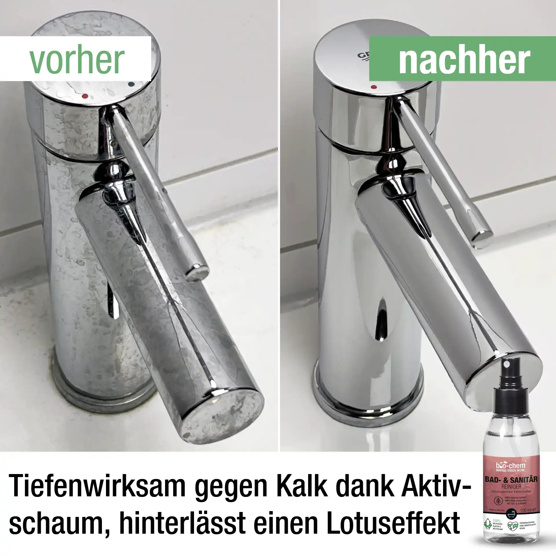 Vergleichsbild Wasserhahn mit Kalkablagerungen vor der Reinigung und glänzendem Chrom nach der Anwendung des Bad- &amp; Sanitärreinigers