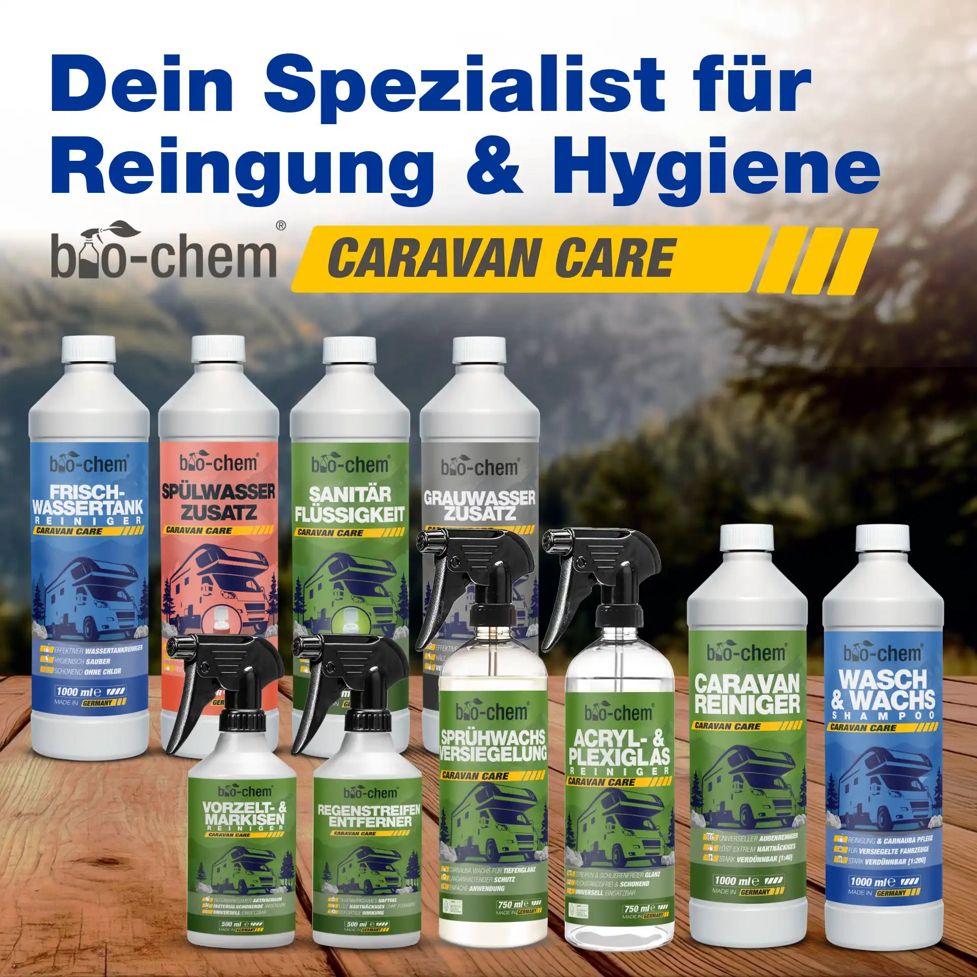 Umfangreiches bio-chem Caravan Care Sortiment für die Außen- und Innenreinigung sowie Sanitärpflege von Wohnwagen und Wohnmobilen.