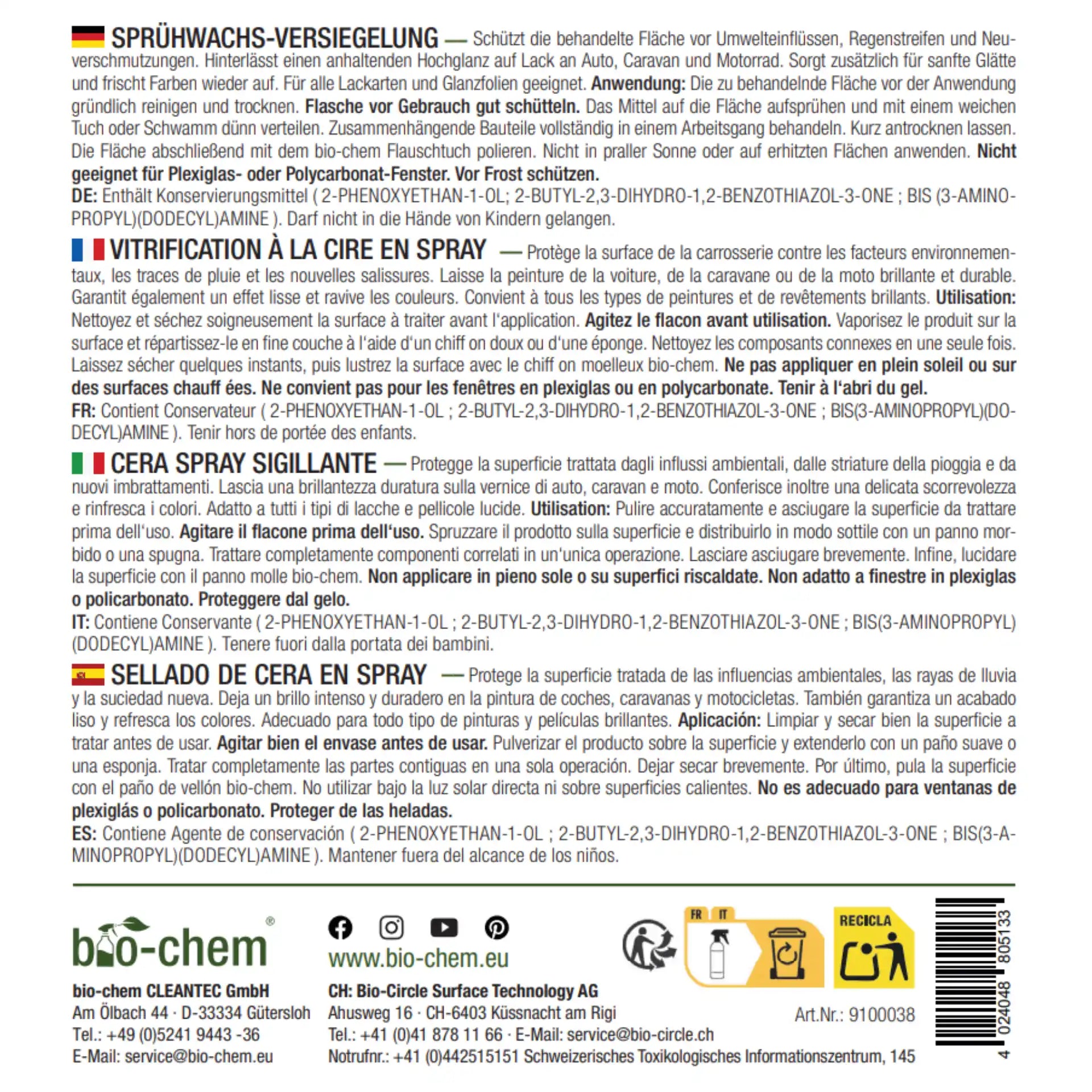 bio-chem Caravan Care Sprühwachsverseigelung Hinweise