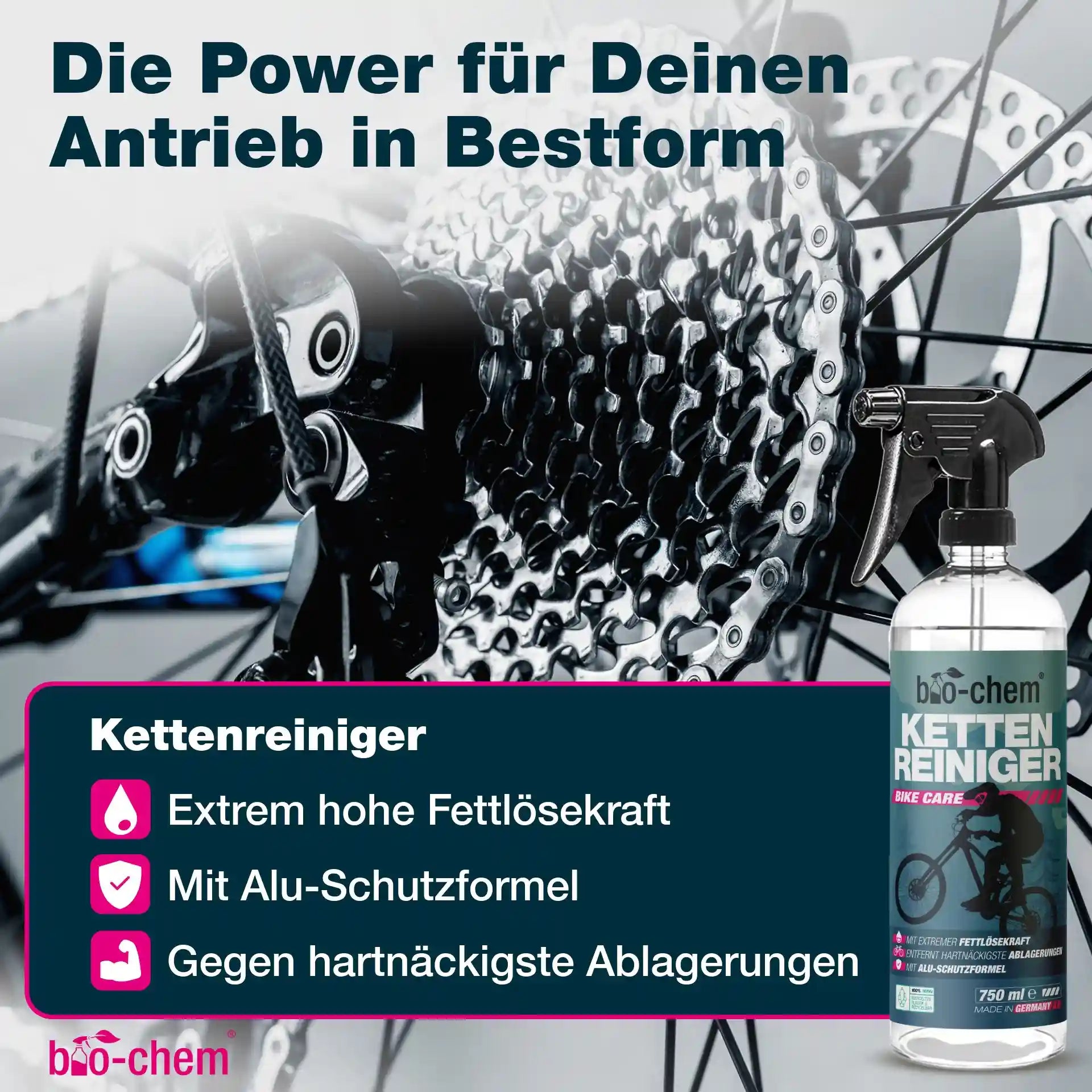 Reinigung des Fahrrad-Antriebs mit bio-chem Kettenreiniger; verfügt über extrem hohe Fettlösekraft und Alu-Schutzformel gegen Ablagerungen.