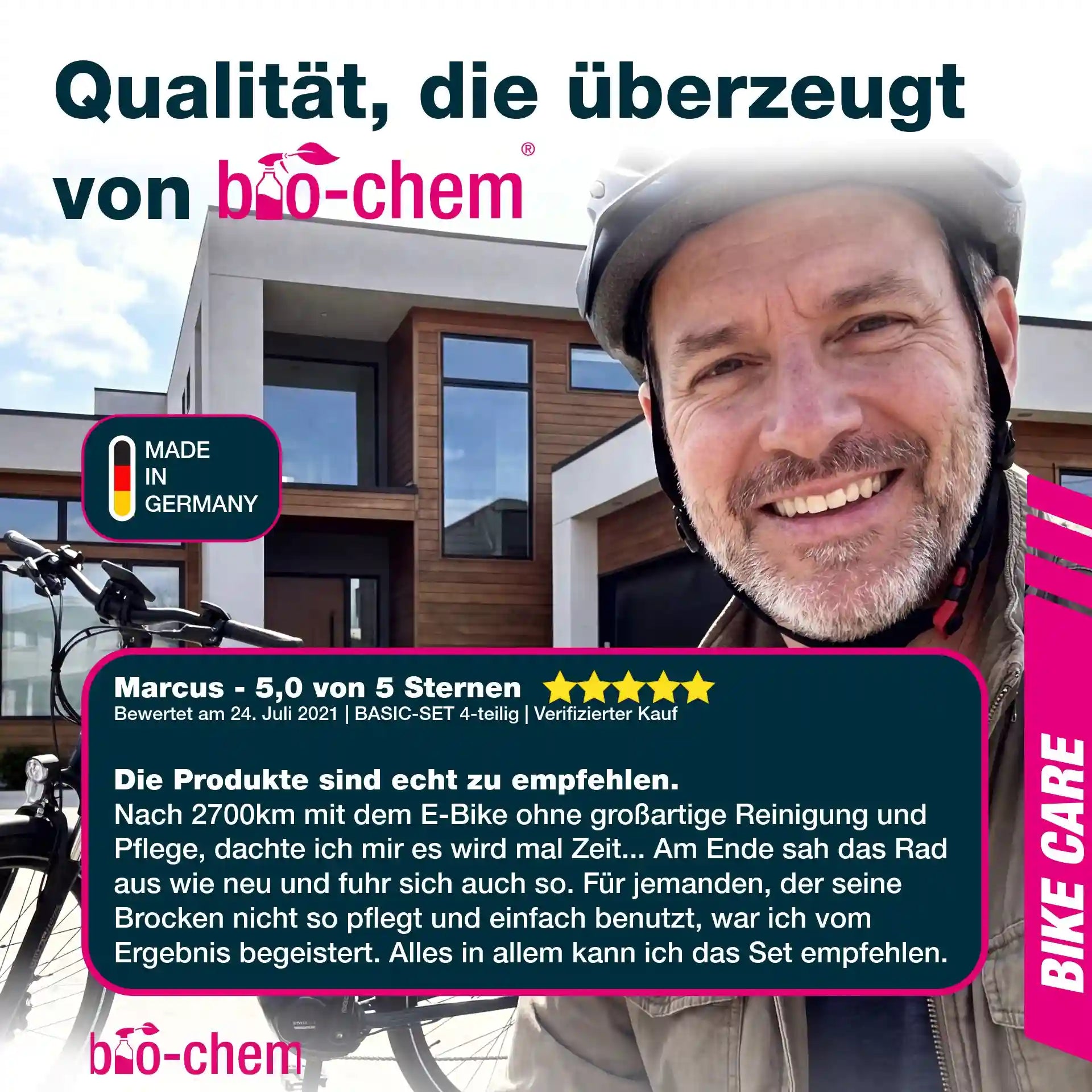 Positive 5-Sterne Kundenrezension von Marcus für das in Deutschland hergestellte bio-chem BIKE CARE Basic-Set zur E-Bike Pflege.