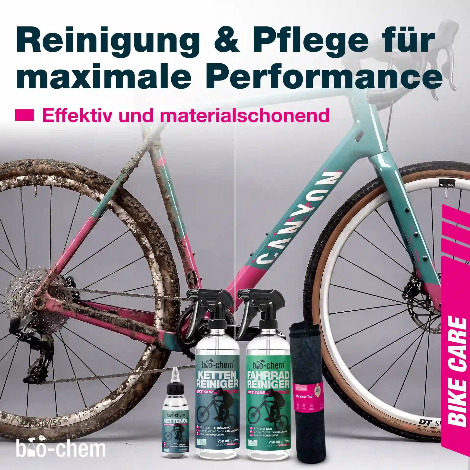 bio-chem BIKE CARE Fahrrad-Reinigungsset bestehend aus Kettenöl, Kettenreiniger, Fahrradreiniger und Mikrofasertuch für maximale Performance.