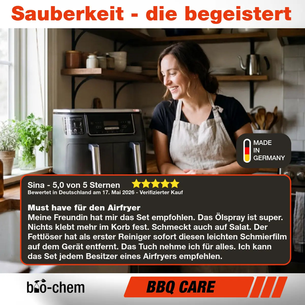 Zufriedene Kundin bei der Reinigung ihres Airfryers mit den bio-chem BBQ Care Pflegeprodukten