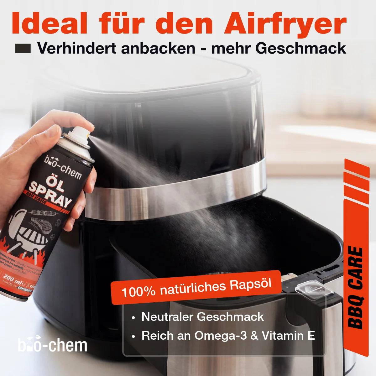 bio-chem Ölspray für Airfryer und Heißluftfritteuse mit natürlichem Rapsöl für fettarmes Kochen und Backen