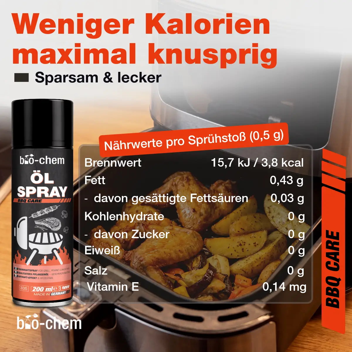 Nährwertübersicht des bio-chem Ölsprays für den Airfryer mit Kalorien- und Fettdetails pro Sprühstoß