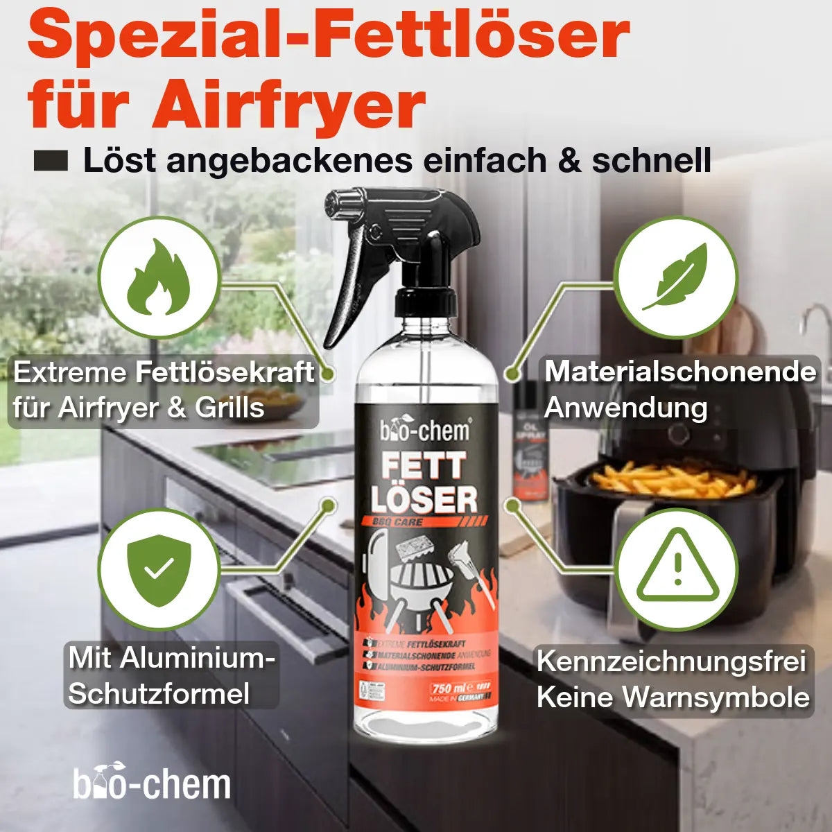 bio-chem Spezial-Fettlöser für Airfryer und Grills mit starker Fettlösekraft und Aluminium-Schutzformel