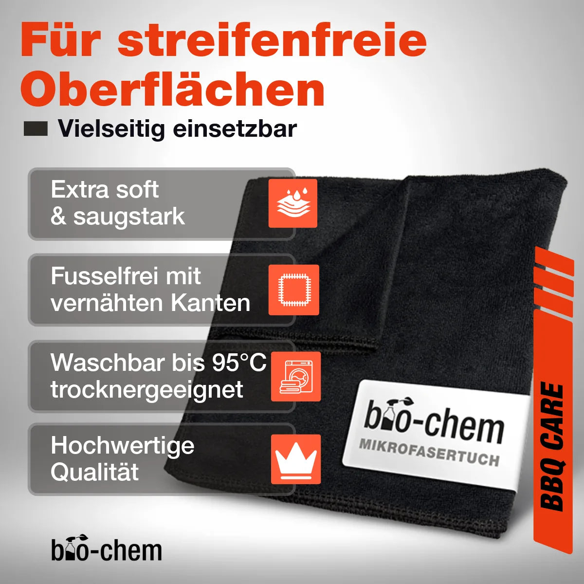 Schwarzes bio-chem Mikrofasertuch für fusselfreie und streifenfreie Oberflächen bei der Küchenreinigung