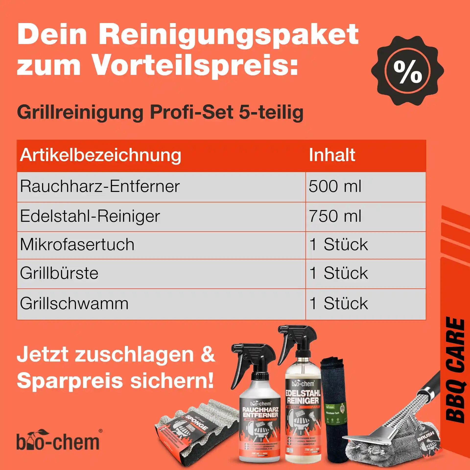 Inhaltsübersicht des 4-teiligen bio-chem Grillreinigung Basic-Sets zum Vorteilspreis mit Rauchharz-Entferner und Edelstahl-Reiniger.