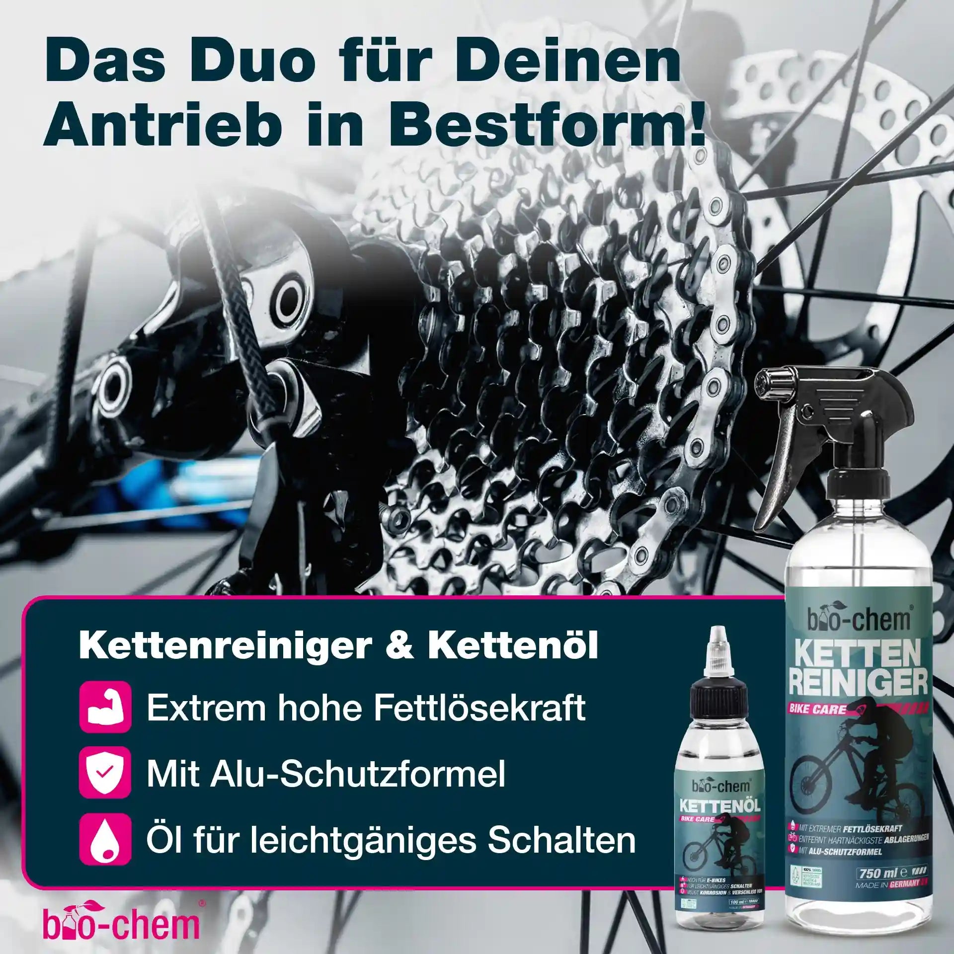bio-chem Kettenreiniger und Kettenöl Duo für saubere Fahrrad-Antriebe, hohe Fettlösekraft und leichtgängiges Schalten.