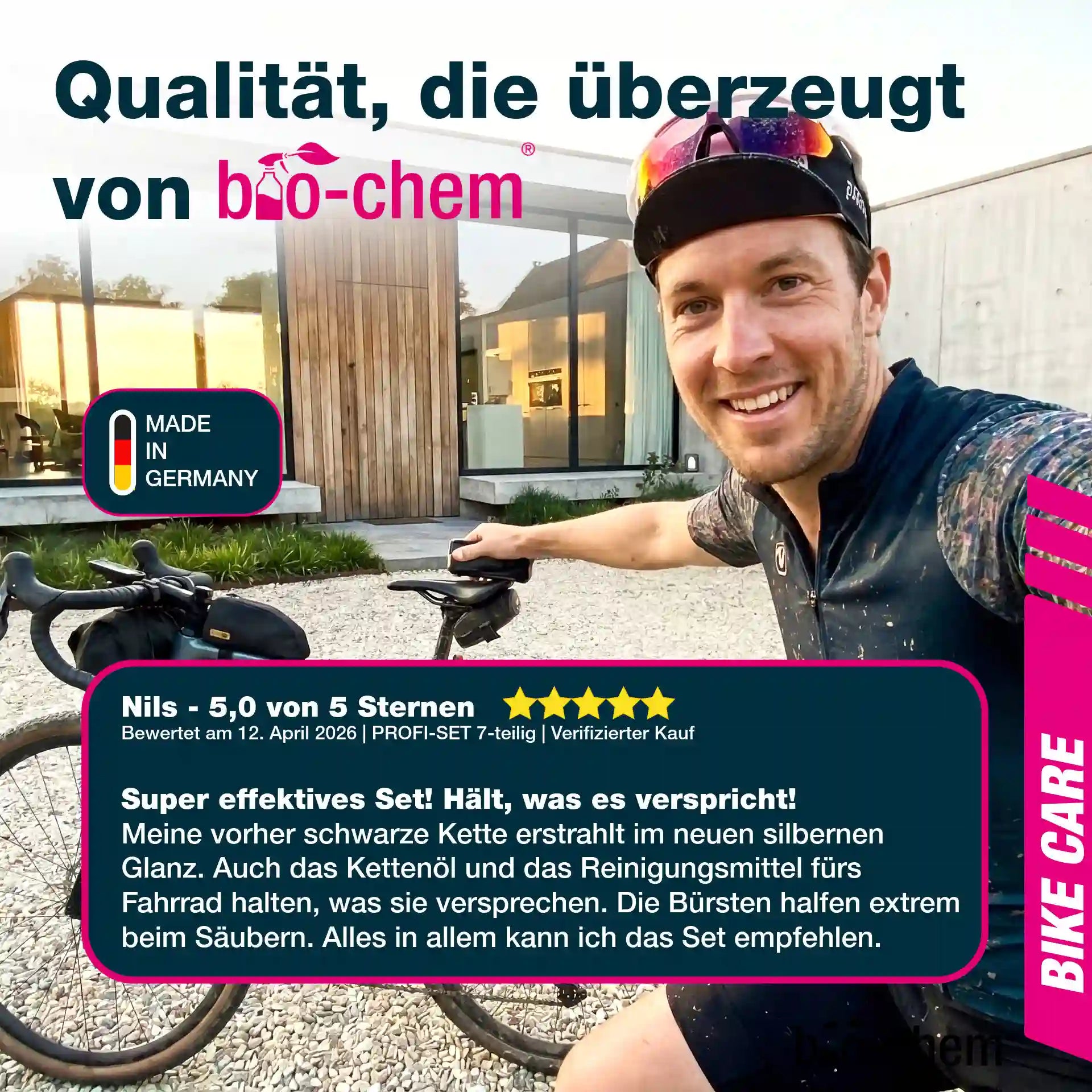 Zufriedener Kunde Nils bewertet das bio-chem Fahrrad-Reinigungsset mit 5 Sternen für Qualität und Effektivität.